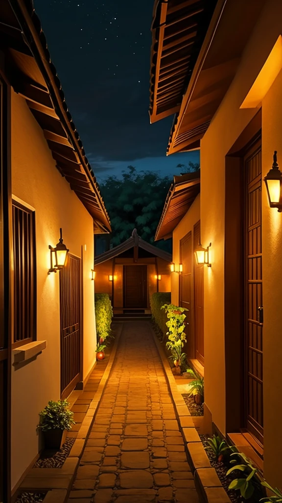 A path between two rows of bungalos (villas), night time, dark time of the day