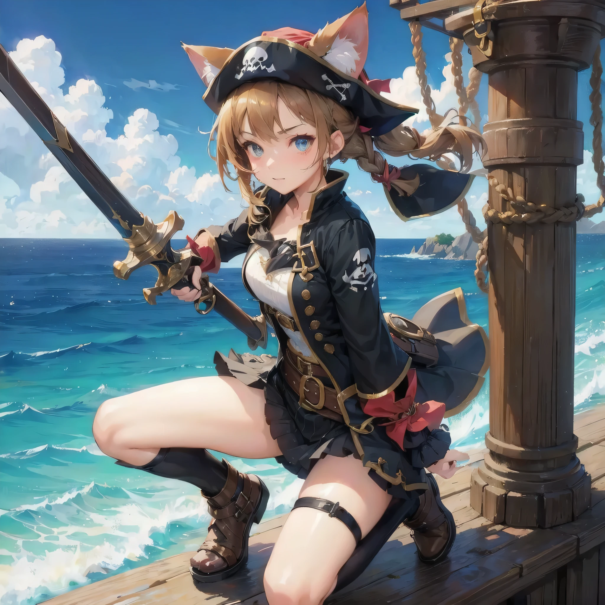 masterpiece, (textured skin), best quality, gorgeous beautiful girl, (a female 
cat ears,cat tail),pirate,detailed clothes,large breasts,narrow waist,, (beautiful face), cinematic lighting, (fantasy anime art ),