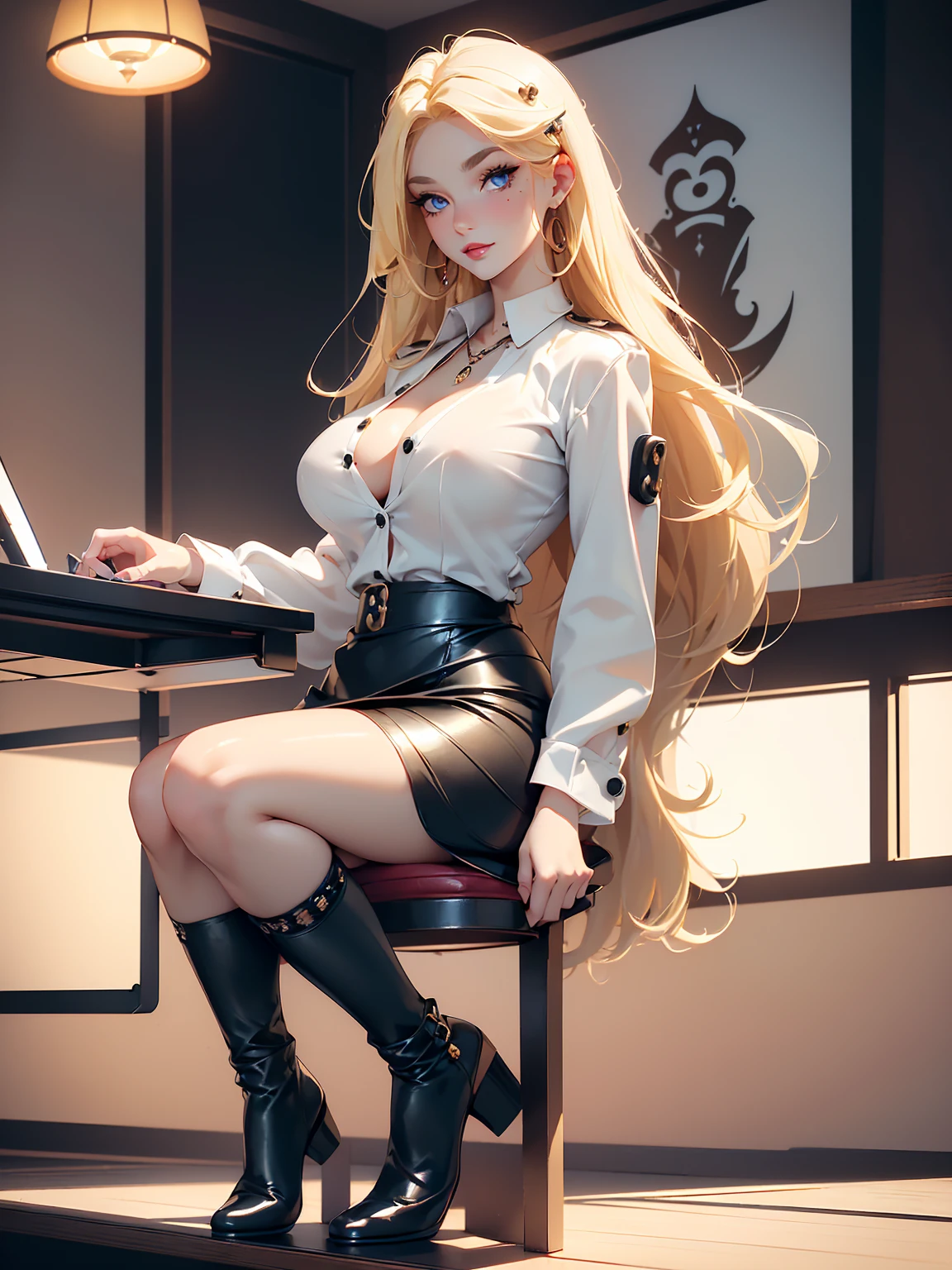 (((Blonde stunning hair))), (blue eyes), blue necklace, Golden earrings, Fit, Gorgeous Body, gorgeous, brown eyebrows, (two moles over lip), big pupils, (23 years old), 1girl,solo, complex skin, warm light, (large breasts), wide thighs, round butt, 5 fingers, ((blushing)), ((detailed face, best quality)), ((masterpiece)), ((ultra-detailed)), (beautiful detailed eyes), red lip, eyeshadow, beautiful face, long hair, very detailed eyes, intricate details in eyes, perfect lips, good lighting, ((black leather skirt and white shirt, buttons open)), in Japanese anime office room, workplace background, evil smile, cleavage, from below, ((full body:1.6)), sitting next to computer, legs crossed, armpits showing