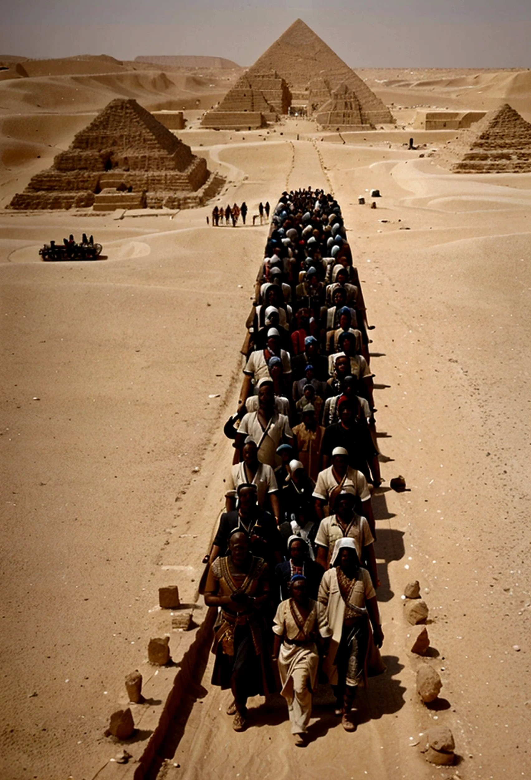 Create the exodus of the Hebrews, a population of eight thousand black people leaving ancient Egypt leaving the pyramids of Egypt behind them walking in the desert.