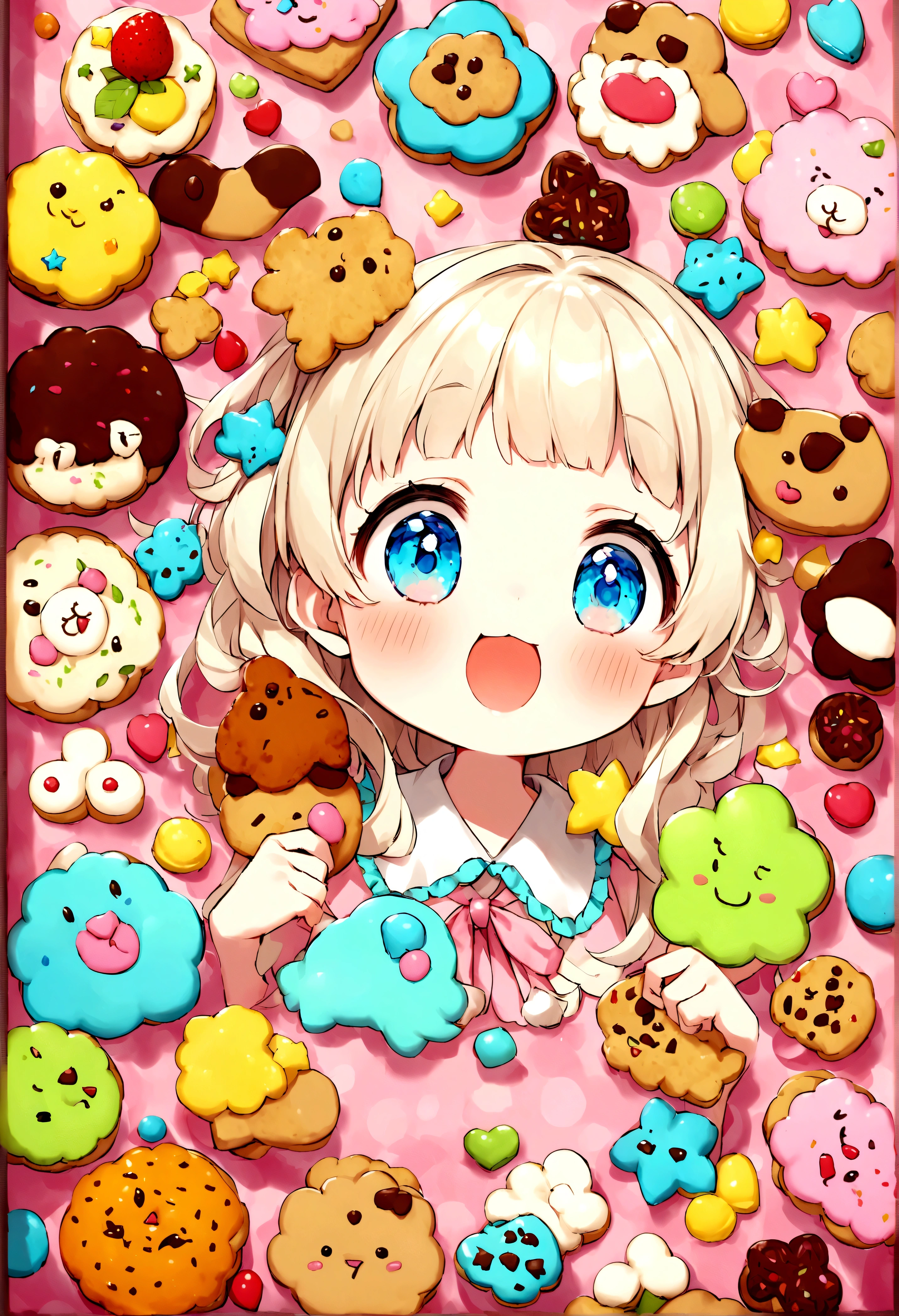 Children's cooking studio poster、cookie、Group of 2、boy、girl、looks fun、cute、pastel colour、The food looks delicious、cookieを作る