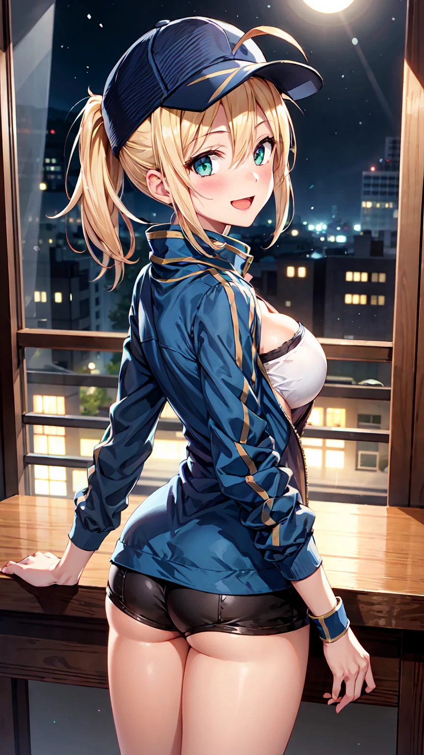 Masterpiece ,best quality , high resolution , (1 girl solo:1.38) , (Mysterious Heroine X , ahoge,blonde hair , ponytail, hair between eyes), one side up) , (cleavage:1.2) , (medium breast:1.28) , (wear jacket , baseball hat , micro_short , top tank) , (cleavage:1.15) , (big breast:1.1) , (face view , back view , look at view) , ( night , moonlight , windows , coffee on table ) , (standing , thighs ) , (cowboy_shot) , ( smile , open mouth , full face blush , shy )