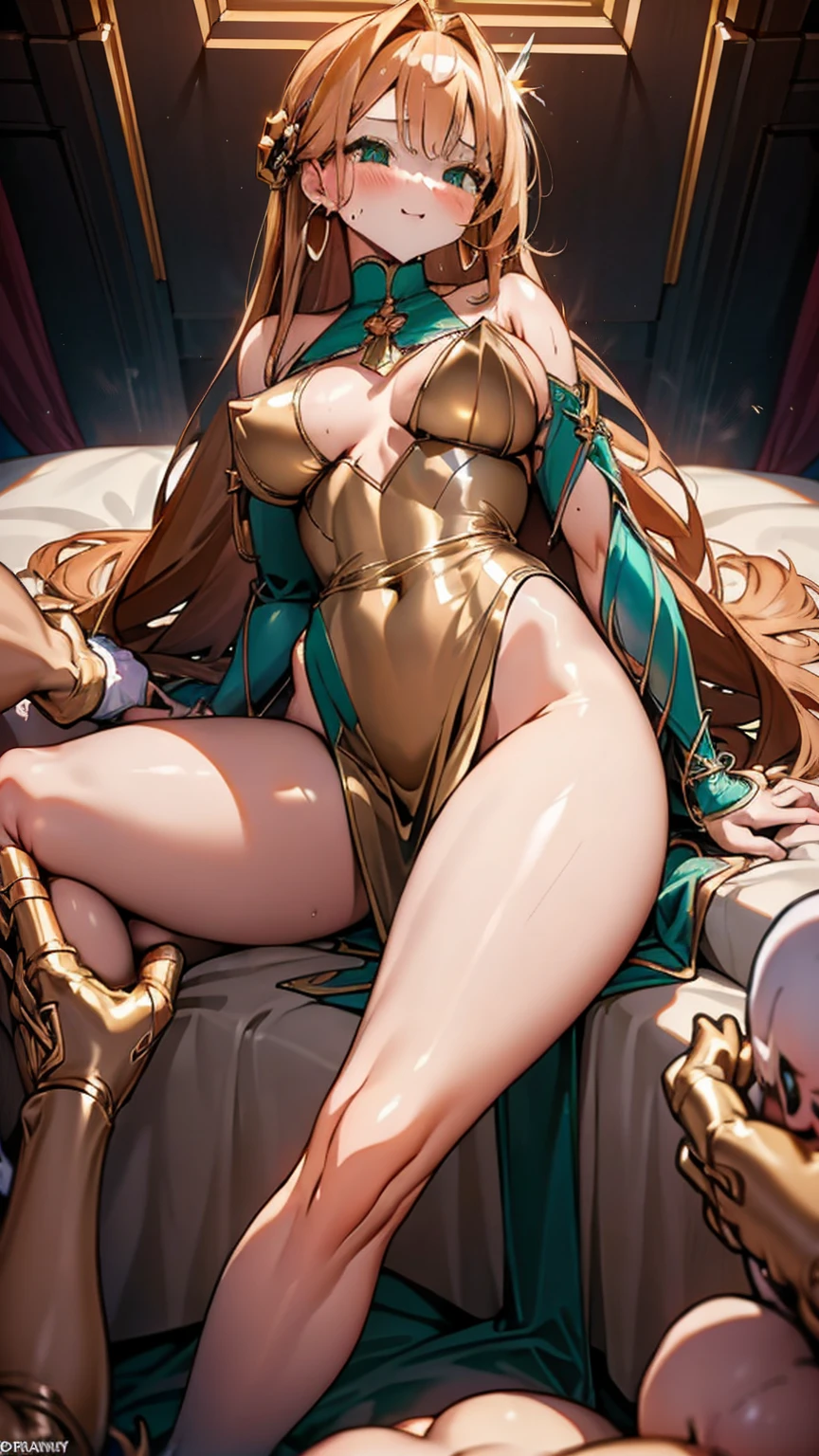 A sultry giantess in a tight gold dress, with long auburn hair and mesmerizing green eyes, lounges provocatively on a giant bed in a luxurious bedroom. Her legs are draped over the edge, crushing delicate furnishings and tiny humans beneath her. She picks up tiny people with her fingers, laughing as they struggle against her warm skin. Her body radiates raw eroticism and power, her gaze filled with cruel delight as she watches their helpless attempts to escape. Giantess, Goddess, sexy legs, gold, hot, curvy body, mommy issues, tiny people, macrophilia, perspective from below, high quality, almost naked, mature woman, bedroom, erotic.