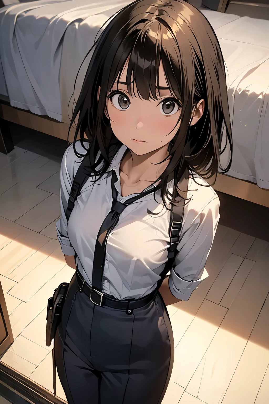 high quality, masterpiece, Ultra-high resolution, (realism: 1.4), Oil painting style, Cinema Lighting, I stood on the empty asphalt road and looked at it., , And the suspenders with the cranes flying Moderate breasts Small face holster Lying in bed Looking up Sweat belt summer 脇Sweat Black Hole Gloves suit shirt Black jacket Black trousers Leg Links ズボンにbelt holster Hands behind your back Anxious expression Looking up Anxious face, no resistance Hands behind your back