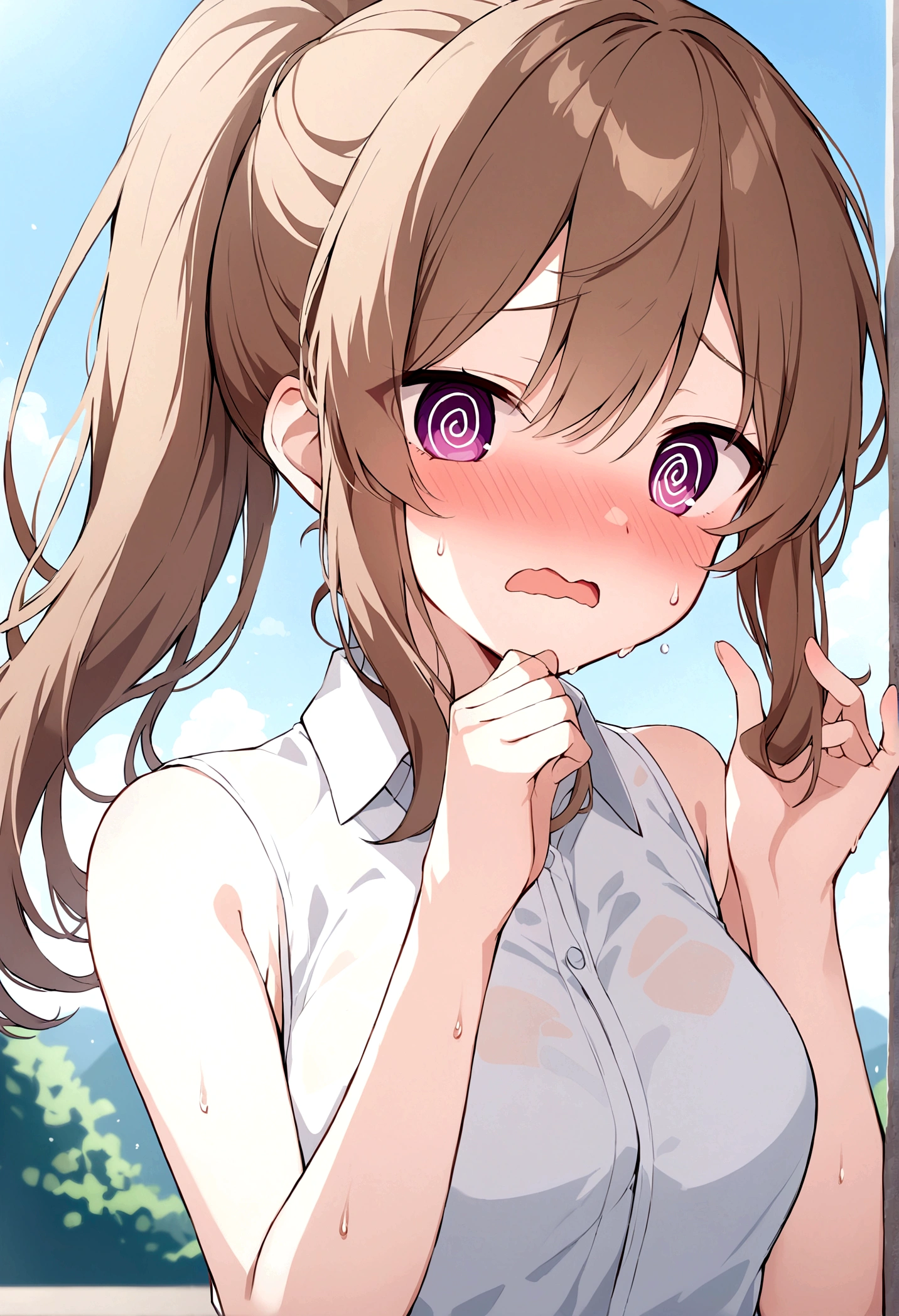 slender, mature female,blush, 1girl, shirt, bangs, white_shirt, open_mouth, solo, purple_eyes, eyebrows_visible_through_hair, collared_shirt, sweat, long_hair, sidelocks, nose_blush, brown_hair, sleeveless_dress, @_@, sleeveless, hand_up, wavy_mouth, hair_between_eyes, ponytail, hands_up, looking_at_viewer, outdoors, looking_away, low_ponytail, sky