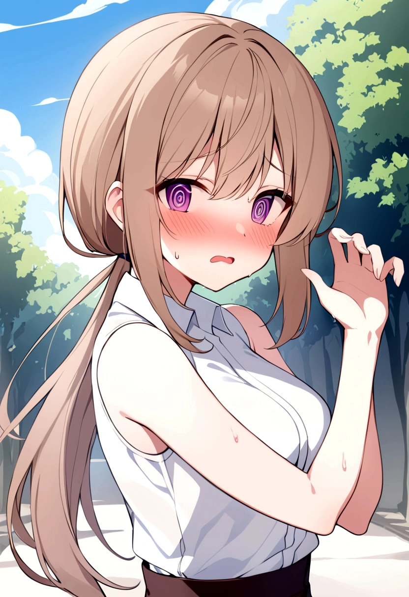 slender, mature female,blush, 1girl, shirt, bangs, white_shirt, open_mouth, solo, purple_eyes, eyebrows_visible_through_hair, collared_shirt, sweat, long_hair, sidelocks, nose_blush, brown_hair, sleeveless_dress, @_@, sleeveless, hand_up, wavy_mouth, hair_between_eyes, ponytail, hands_up, looking_at_viewer, outdoors, looking_away, low_ponytail, sky