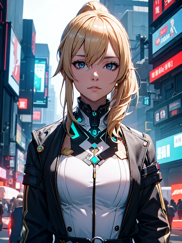 Jean from Genshin impact, 1woman, wearing a futuristic cyberpunk outfit, at future city, blonde ponytail colour hair, 8k, high detailed, high quality