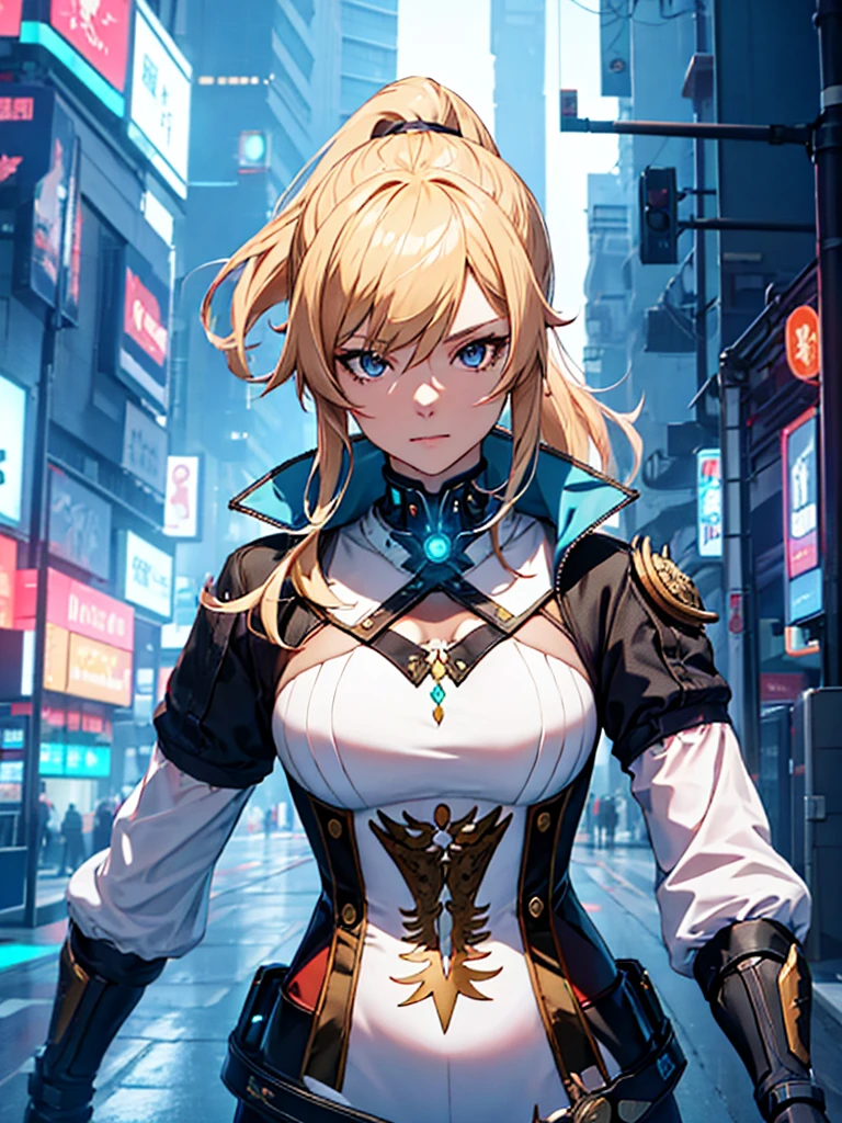 Jean from Genshin impact, 1woman, wearing a futuristic cyberpunk outfit, at future city, blonde ponytail colour hair, 8k, high detailed, high quality