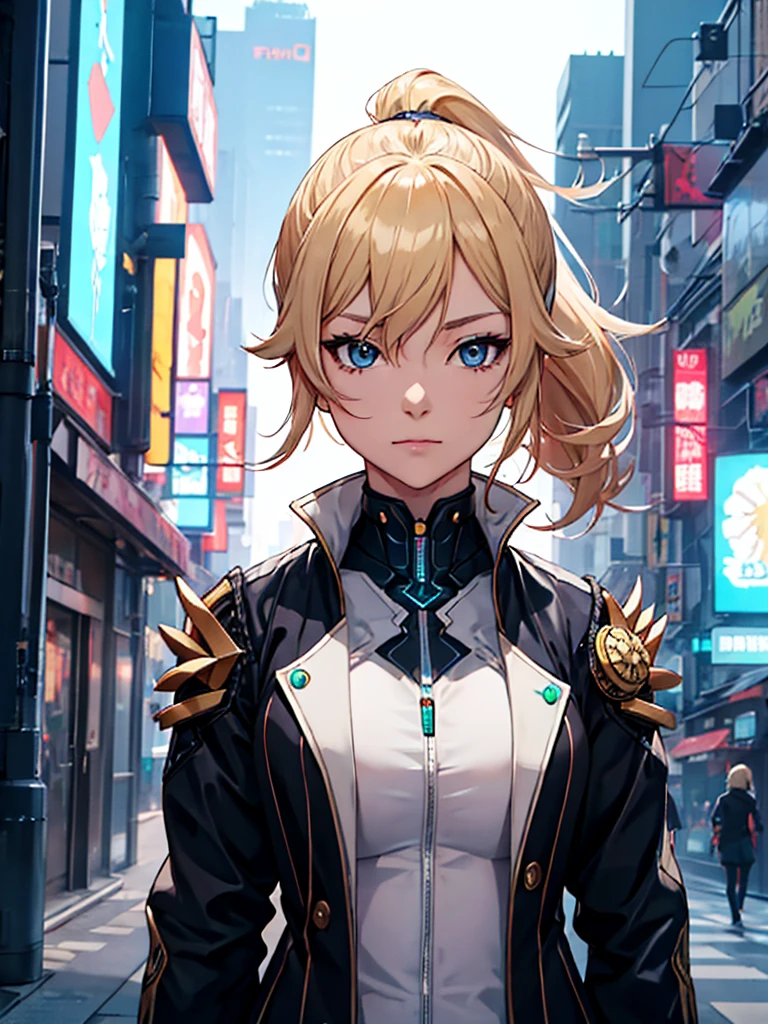 Jean from Genshin impact, 1woman, wearing a futuristic cyberpunk outfit, at future city, blonde ponytail colour hair, 8k, high detailed, high quality