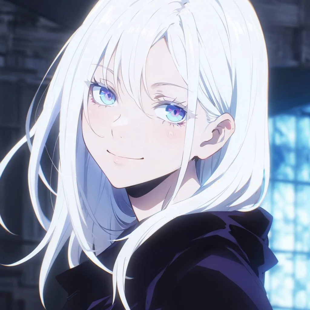 wavy hair, calm smile, pink eyes, blonde eyes 
