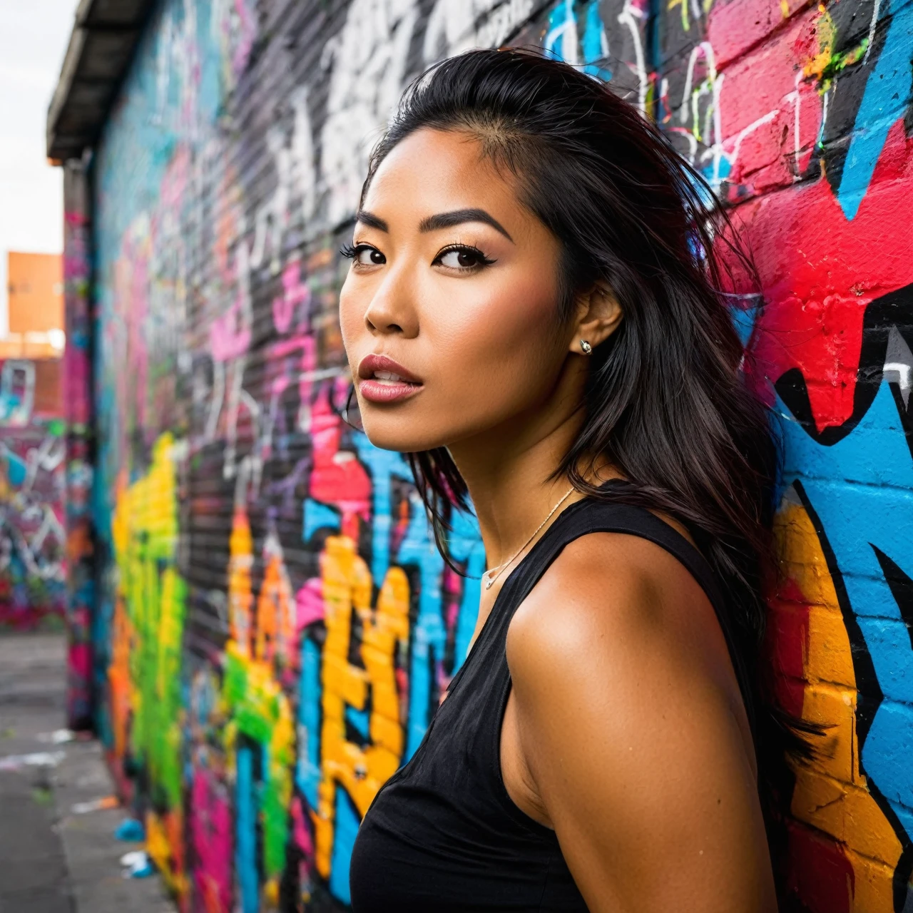 Prompt: Envision capturing a close-up shot of a vibrant, bold stunningly beautiful corean woman against the backdrop of graffiti-filled urban walls. This scene should reflect the raw energy and expressive nature of urban street art. Graffiti is all about making a statement - it's loud, colorful, and unapologetically honest. Your subject, the woman, should embody this spirit – her style, stance, and expressions revealing insights into her character. Use natural or urban lighting to bring out the vivid colors of the graffiti, casting dramatic shadows that highlight the texture and depth of the artwork behind her. Embrace the wide view of the graffiti-covered cityscape as an intriguing backdrop subtly suggesting her connection to street culture. But remember to keep her as your main focus. When framing your shot, ensure you leave ample space around her. This not only adheres to photographic rules of composition but also emphasizes her dominance within this vast canvas. Avoid cluttering your shot with too many elements, maintaining graffiti's raw and minimalist approach. Instead aim to capture an atmospheric portrait that weaves a story about the woman, her personality and her relationship with the urban environment surrounding her. Consider using equipment like Canon EOS 5D Mark IV & EF 24-70mm f/2.8L II USM for detailed capture and wide-angle possibilities. Remember, your goal goes beyond just snapping a photo - it's about crafting a narrative that reflects graffiti’s boldness and expressiveness.