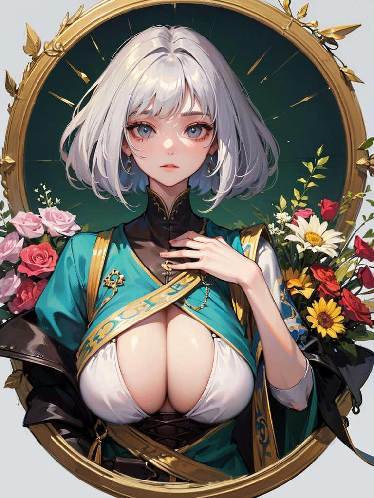 ((Masterpiece artwork)),(Best quality at best),A half body,facing the camera,(ultra intricately detailed),(higher definition),(8K),(linhas limpas),(perfect facial features,Perfect meat),Gentle maiden,villages,unadorned,Simpler,Bag clothes,silver white short hair,huge tit,a determined expression,(medieval times),Wandering warriors,ranger,Descendants of God,kindness,Stay organized,fair,