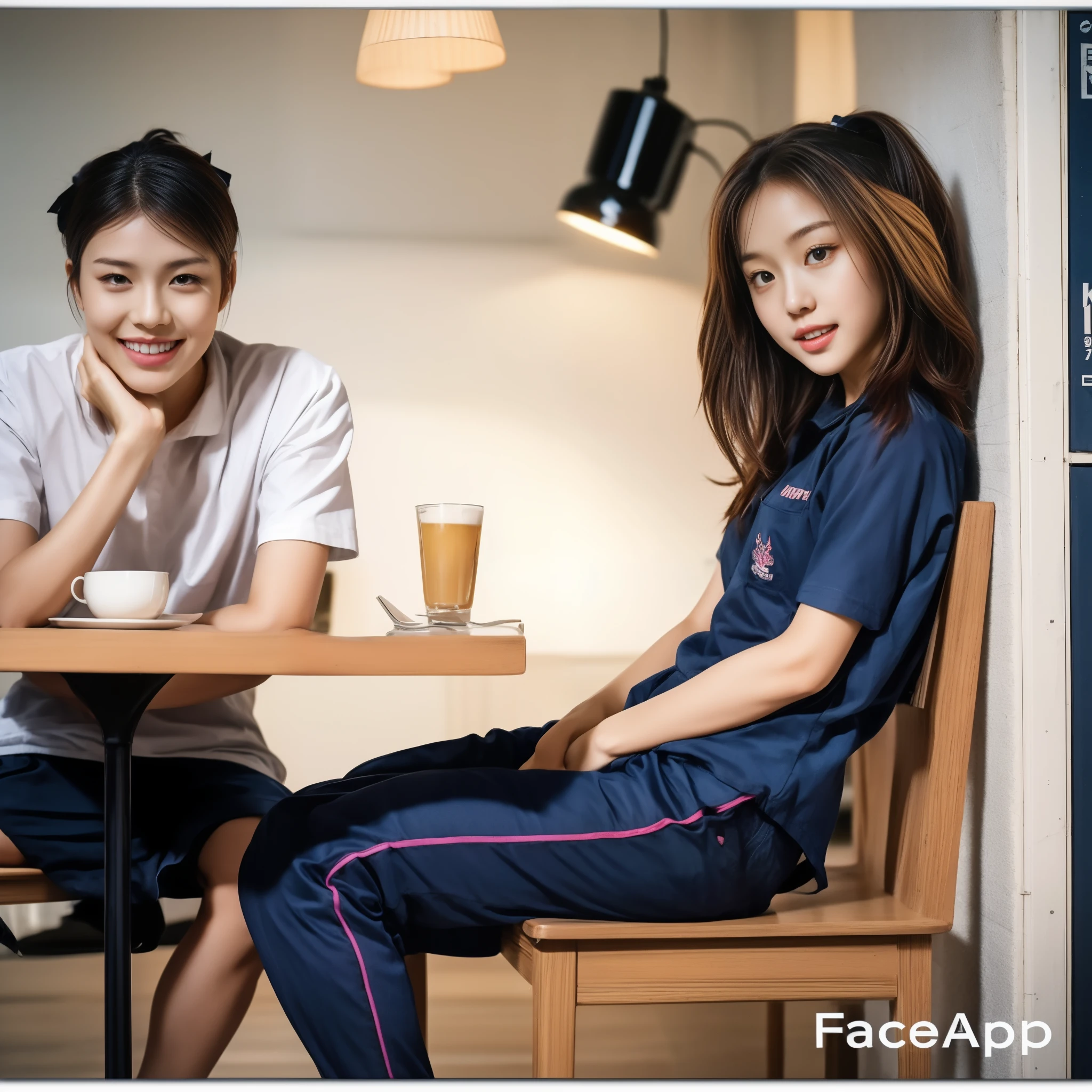 (best quality,10,10,height,Masterpiece:1.2),Special details,(realistic,Realistic picture,Realistic photos:1.37),1 Cute girl in the kitchen,shiny, skin shiny,only,smile softly,BDclothelue shirt:1.3)),short sleeve,shirt, Long pants.,(navy_long_track pants:1.1), ((Kitchen Background)),Dynamic angle,excited,Face focus,dynamic poses,from behind,focus on ass,Masterpiece, best quality, ultra realistic, Too many details, 8k resolution, raw photos, Sharp focus, ((Navy blue shirt:1.1)), short sleeve, long route, perfect body, 2 mature women, 18 years old, Cinema-grade lighting system,blue sweatpants,exercise cloth,correct anatomy,perfect body, correct body, Sharp face, Correct body anatomical, full body, realistic gestures, long-haired, realistic poses,Wear long shorts...........................,The legs are long.,Good shape,carved girl, Slender figure, model, Good shape, beautiful body,blue sweatpants, two girls kissing
