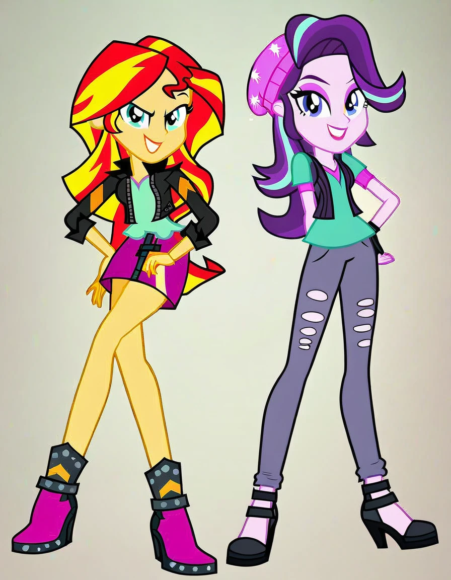 score_9, score_8_up, score_7_up, score_6_up, cartoon, human, equestria girls, sunset shimmer, starlight glimmer, miniskirt, duo female, vector, show accurative, light colors, cartoon, Sunset Shimmer are wearing miniskirt, high heels and zippered jackets she is also wearing lipstick and painted eyelids. Starlight Glimmer are wearing miniskirt, high heels and zippered jackets she is also wearing lipstick and painted eyelids. Sunset and Starlight are smiling, looking at you, evil grin, evil smile