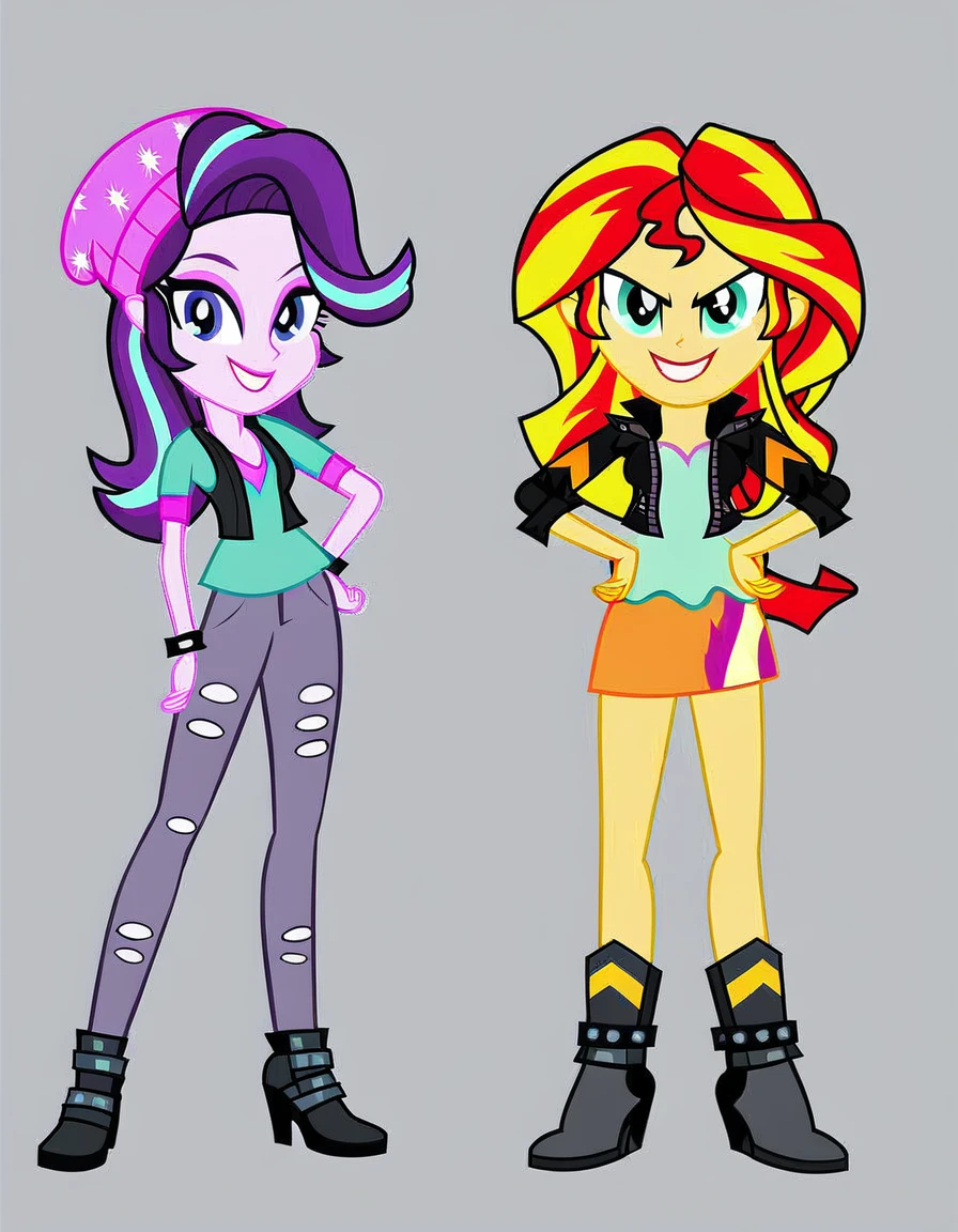 score_9, score_8_up, score_7_up, score_6_up, cartoon, human, equestria girls, sunset shimmer, starlight glimmer, miniskirt, duo female, vector, show accurative, light colors, cartoon, Sunset Shimmer are wearing miniskirt, high heels and zippered jackets she is also wearing lipstick and painted eyelids. Starlight Glimmer are wearing miniskirt, high heels and zippered jackets she is also wearing lipstick and painted eyelids. Sunset and Starlight are smiling, looking at you, evil grin, evil smile