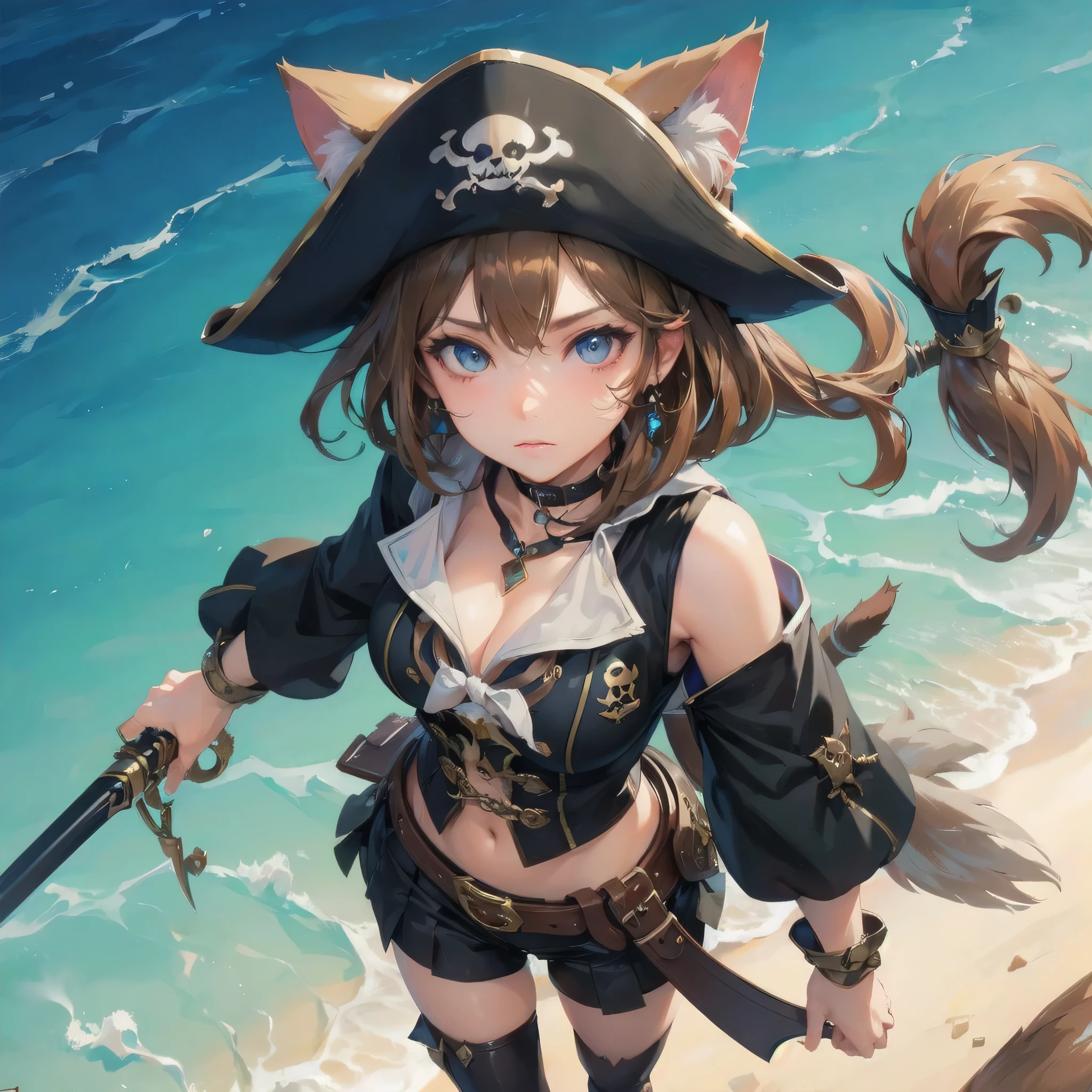 masterpiece, (textured skin), best quality, gorgeous beautiful girl, (a female
cat ears,cat tail),pirate,detailed clothes,large breasts,narrow waist,, (beautiful face), cinematic lighting, (fantasy anime art ),