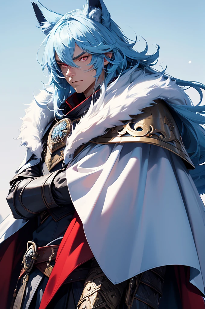 Tall man, wolf ears, Fur cape, armor, winter background, Buff, Stern look, light blue hair, red eyes, martial artist, armor