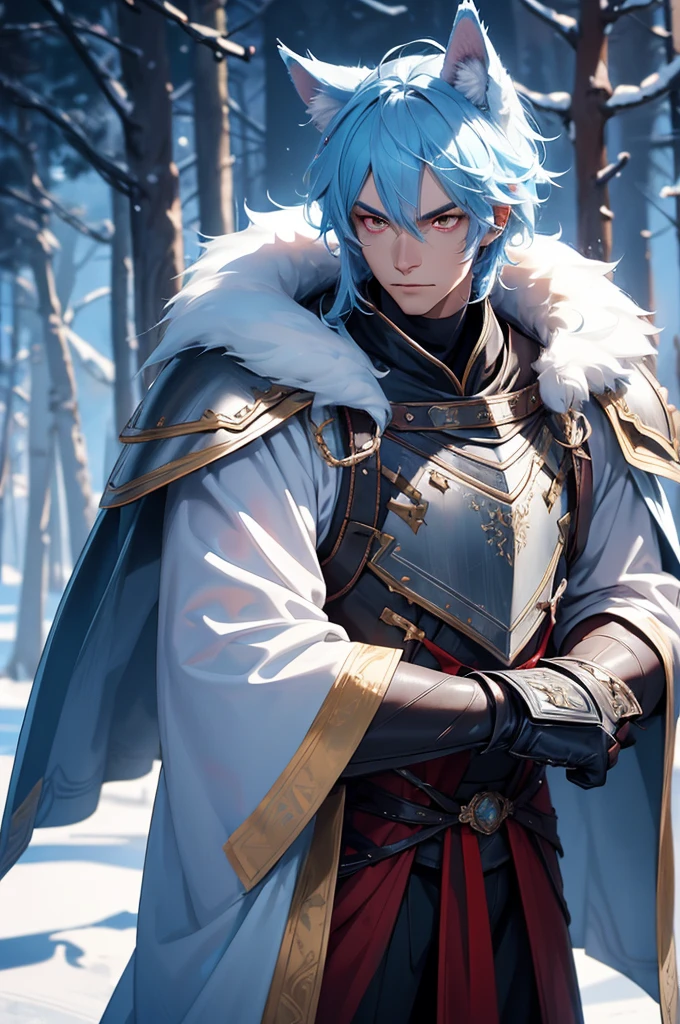 Tall man, wolf ears, Fur cape, armor, winter background, Buff, Stern look, light blue hair, red eyes, martial artist, armor