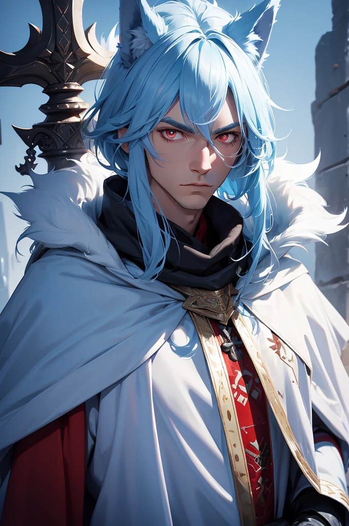 Tall man, wolf ears, Fur cape, armor, winter background, Buff, Stern look, light blue hair, red eyes, martial artist, armor