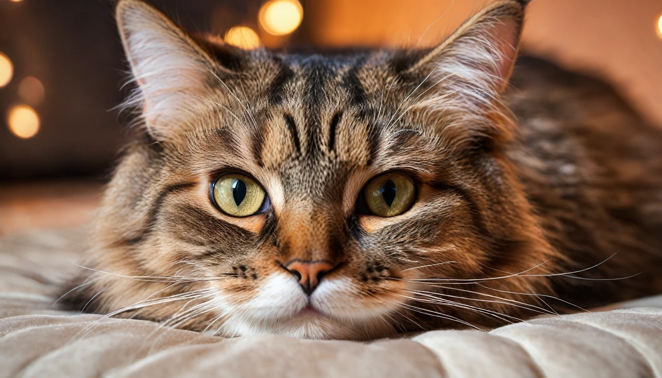 a realistic cat lying on a pillow, close up photo, extremely detailed, 8k, HDR, studio lighting, high quality, hyper realistic, macro photography, adorable, cute, furry, photorealistic, detailed whiskers, detailed eyes, detailed nose, detailed ears, detailed paws, plush fur texture, soft lighting, shallow depth of field, warm color tones