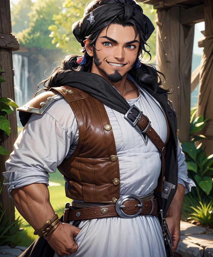 (((Single character image.))) (((1boy))) (((Dressed in medieval swashbuckler attire.))) (((Shoulder length hair))) (((Cute black hair in a topknot.))) This is a dashing male adventurer in a high fantasy setting. He is attractive to women and has all the attributes that make him a heartthrob. (1boy, one male) (male focus) ((front view)) (upper body), (((muscular male, bodybuilder))), , (((Cute smile.))) thick epic, heroic, tanned, perfect face, (detailed facial features), cute smile, outdoor setting, highly detailed, volumetric light, artstation, strong erotic overtones, dressed in a puffy shirt and pirate vest flirty, best quality:1.0,hyperealistic:1.0,photorealistic:1.0,madly detailed CG unity 8k wallpaper:1.0,masterpiece:1.3,madly detailed photo:1.2, hyper-realistic lifelike texture:1.4, picture-perfect:1.0,8k, HQ,best quality:1.0,