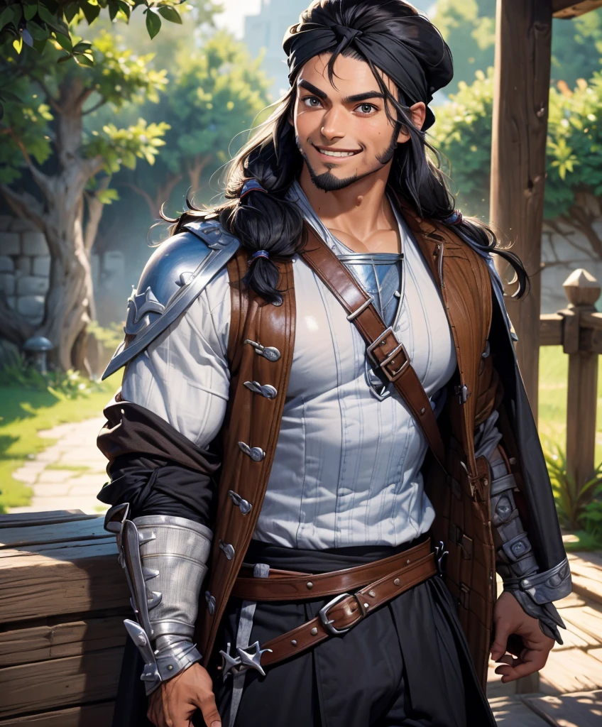 (((Single character image.))) (((1boy))) (((Dressed in medieval swashbuckler attire.))) (((Shoulder length hair))) (((Cute black hair in a topknot.))) This is a dashing male adventurer in a high fantasy setting. He is attractive to women and has all the attributes that make him a heartthrob. (1boy, one male) (male focus) ((front view)) (upper body), (((muscular male, bodybuilder))), , (((Cute smile.))) thick epic, heroic, tanned, perfect face, (detailed facial features), cute smile, outdoor setting, highly detailed, volumetric light, artstation, strong erotic overtones, dressed in a puffy shirt and pirate vest flirty, best quality:1.0,hyperealistic:1.0,photorealistic:1.0,madly detailed CG unity 8k wallpaper:1.0,masterpiece:1.3,madly detailed photo:1.2, hyper-realistic lifelike texture:1.4, picture-perfect:1.0,8k, HQ,best quality:1.0,