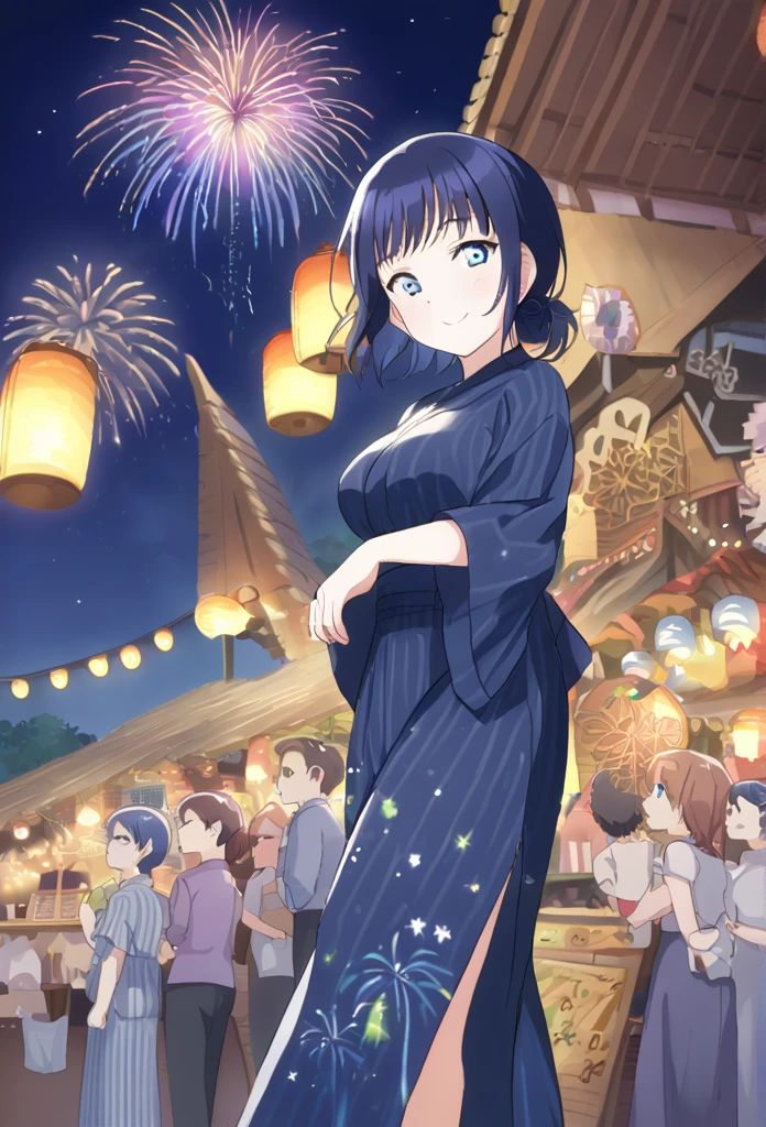 Asaka fruit forest　Long back hair　Blue Hair　Dark blue eyes　short hair　Blue Yukata　smile　Larger breasts　full moon　fair　Starry Sky　Fireworks