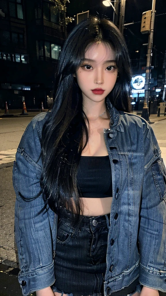 City at night,A woman with a perfect figure wearing a blue denim bomber jacket,Black tube top,Blue denim miniskirt,Black high heels,Close-up shot of posing,Full body close-up,Highly detailed face and skin textures,beautiful legs,Long legs,Detailed eyes,Double eyelids,Full body close-up