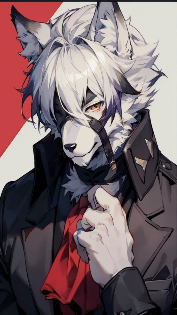 Watercolor elements, 1boy, kemono, furry, detailed body fur, animal face, animal hand, Handsome boy in tuxedo holding a red rose and looking at viewer,