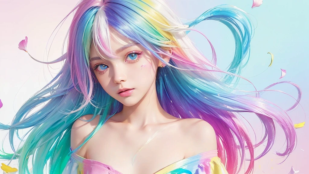 (Pink Fashion T-shirt:1.9),(Colorful hair: 1.8), (all the colours of the rainbow: 1.8),(((((vertical painting:1.6))), (painting:1.6),front, comics, illustrations, paintings, large eyes, crystal clear eyes,( rainbow color gradient high ponytail:1.7), exquisite makeup, closed mouth,(Small Fresh: 1.5),(Wipe Chest: 1.6) ,long eyelashes, white off shoulder T-shirt, White Shoulder Shirt,looking at the audience, large watery eyes, (rainbow colored hair:1.6), color splash, (solo:1.8), color splash, color explosion, thick paint style, messy lines, ((shining)),(colorful), (colorful), (colorful), colorful, Thick Paint Style, (Splash) (Color Splash), Vertical Painting, Upper Body, Paint Splash, Acrylic Pigment, Gradient, Paint, Highest Image Quality, Highest Quality, Masterpiece, Solo, Depth of Field, Face Paint, colorful clothes, (Elegant: 1.2), gorgeous,long hair, wind, (Elegant: 1.3), (Petals: 1.4),(((masterpiece))),(((best quality))),((ultra-detailed)),(illustration),(dynamic angle),((floating)),(paint),((disheveled hair)),(solo),(1girl) , (((detailed anima face))),((beautiful detailed face)),collar,bare shoulders,white hair, ((colorful hair)),((streaked hair)),beautiful detailed eyes,(Gradient color eyes),(((colorful eyes))),(((colorful background))),(((high saturation))),(((surrounded by colorful splashes))),all bodies, same colored back grounds, Make the background bigger than the face, Mainly in the background, the face is small, I want the person to be on the right or left