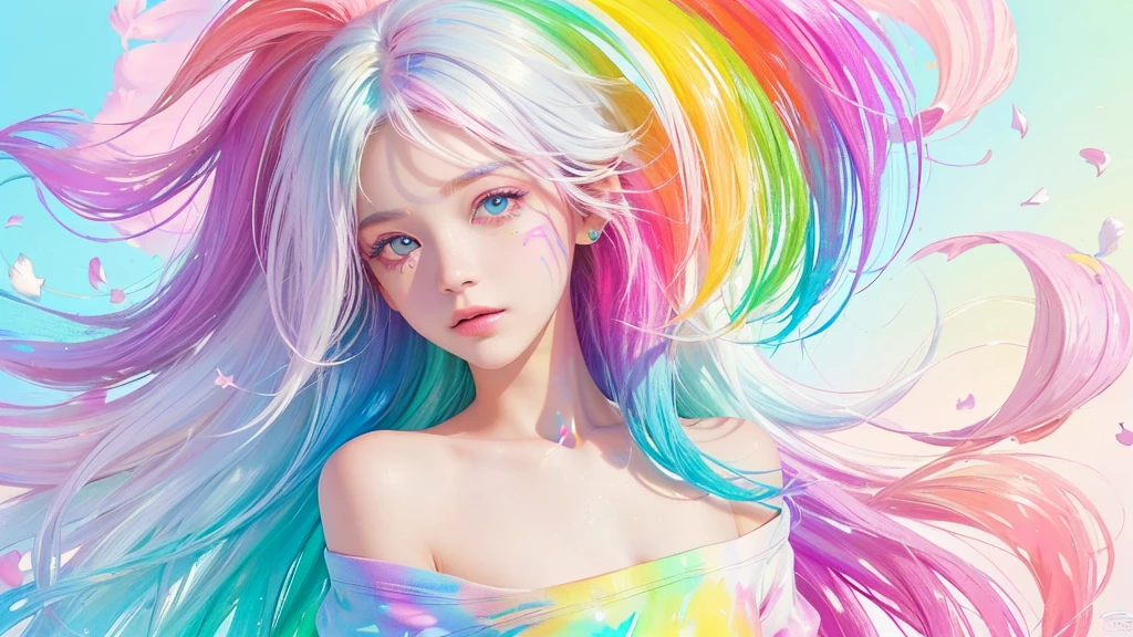 (Pink Fashion T-shirt:1.9),(Colorful hair: 1.8), (all the colours of the rainbow: 1.8),(((((vertical painting:1.6))), (painting:1.6),front, comics, illustrations, paintings, large eyes, crystal clear eyes,( rainbow color gradient high ponytail:1.7), exquisite makeup, closed mouth,(Small Fresh: 1.5),(Wipe Chest: 1.6) ,long eyelashes, white off shoulder T-shirt, White Shoulder Shirt,looking at the audience, large watery eyes, (rainbow colored hair:1.6), color splash, (solo:1.8), color splash, color explosion, thick paint style, messy lines, ((shining)),(colorful), (colorful), (colorful), colorful, Thick Paint Style, (Splash) (Color Splash), Vertical Painting, Upper Body, Paint Splash, Acrylic Pigment, Gradient, Paint, Highest Image Quality, Highest Quality, Masterpiece, Solo, Depth of Field, Face Paint, colorful clothes, (Elegant: 1.2), gorgeous,long hair, wind, (Elegant: 1.3), (Petals: 1.4),(((masterpiece))),(((best quality))),((ultra-detailed)),(illustration),(dynamic angle),((floating)),(paint),((disheveled hair)),(solo),(1girl) , (((detailed anima face))),((beautiful detailed face)),collar,bare shoulders,white hair, ((colorful hair)),((streaked hair)),beautiful detailed eyes,(Gradient color eyes),(((colorful eyes))),(((colorful background))),(((high saturation))),(((surrounded by colorful splashes))),all bodies, same colored back grounds, Make the background bigger than the face, Mainly in the background, the face is small, I want the person to be on the right or left