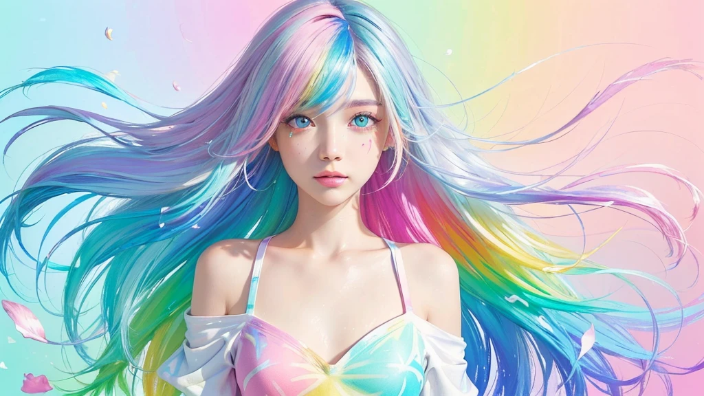 (Pink Fashion T-shirt:1.9),(Colorful hair: 1.8), (all the colours of the rainbow: 1.8),(((((vertical painting:1.6))), (painting:1.6),front, comics, illustrations, paintings, large eyes, crystal clear eyes,( rainbow color gradient high ponytail:1.7), exquisite makeup, closed mouth,(Small Fresh: 1.5),(Wipe Chest: 1.6) ,long eyelashes, white off shoulder T-shirt, White Shoulder Shirt,looking at the audience, large watery eyes, (rainbow colored hair:1.6), color splash, (solo:1.8), color splash, color explosion, thick paint style, messy lines, ((shining)),(colorful), (colorful), (colorful), colorful, Thick Paint Style, (Splash) (Color Splash), Vertical Painting, Upper Body, Paint Splash, Acrylic Pigment, Gradient, Paint, Highest Image Quality, Highest Quality, Masterpiece, Solo, Depth of Field, Face Paint, colorful clothes, (Elegant: 1.2), gorgeous,long hair, wind, (Elegant: 1.3), (Petals: 1.4),(((masterpiece))),(((best quality))),((ultra-detailed)),(illustration),(dynamic angle),((floating)),(paint),((disheveled hair)),(solo),(1girl) , (((detailed anima face))),((beautiful detailed face)),collar,bare shoulders,white hair, ((colorful hair)),((streaked hair)),beautiful detailed eyes,(Gradient color eyes),(((colorful eyes))),(((colorful background))),(((high saturation))),(((surrounded by colorful splashes))),all bodies, same colored back grounds, Make the background bigger than the face, Mainly in the background, the face is small, I want the person to be on the right or left