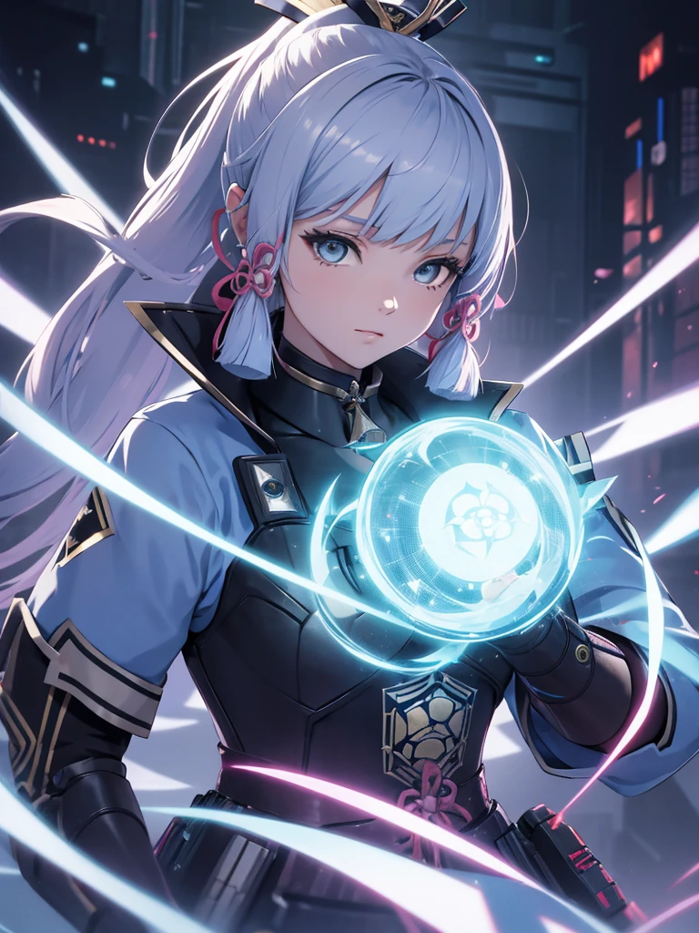 Ayaka from Genshin impact, 1woman, wearing a futuristic cyberpunk outfit, at future city, silver colour hair with ponytail style, 8k, high detailed, high quality