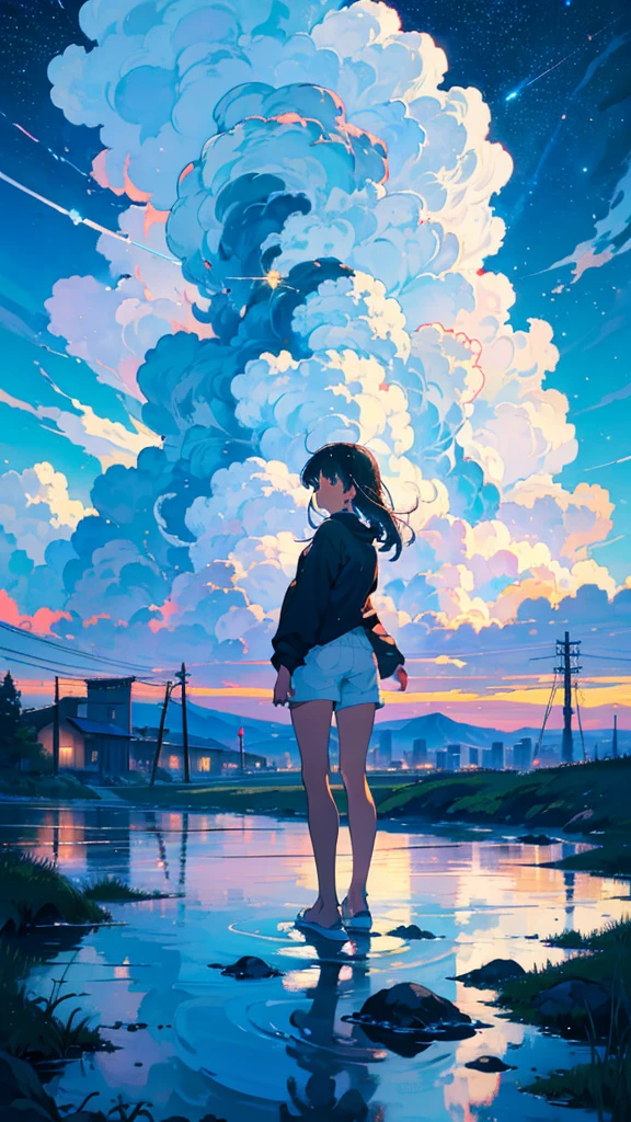 masterpiece, Exquisite detail,Highest quality, One girl, alone, handrail, cloud, Looking up at the buildings,Long Hair, zero, Long sleeve, Power lines, White footwear, Black Hair, Electric pole, bangs, cloudy zero, fish, bird, Green Eyes, Shorts, Day, Black Shirt, barefoot,Star,milky way,Meteors,Pitch black,Buildings,High quality anime art style,Standing painting,Splash ink background,Blue Themes,Clear Face,Distinct facial features,Fuji Mountain,Fuji Mountain,Vast Nature,Looking at me,View from behind,Shining Star々,milky way,Standing in water,Bright sky,Daytime