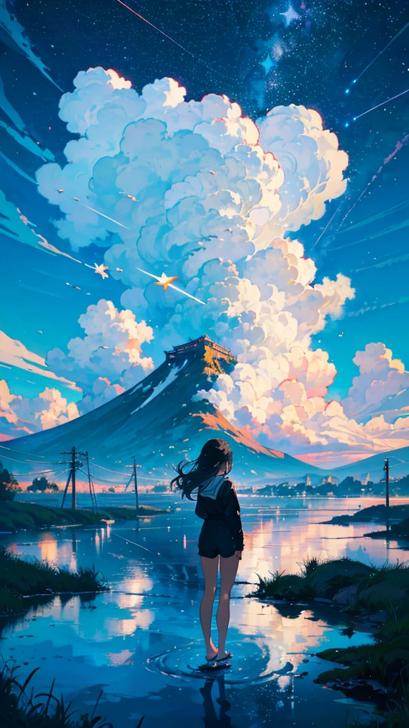 masterpiece, Exquisite detail,Highest quality, One girl, alone, handrail, cloud, Looking up at the buildings,Long Hair, zero, Long sleeve, Power lines, White footwear, Black Hair, Electric pole, bangs, cloudy zero, fish, bird, Green Eyes, Shorts, Day, Black Shirt, barefoot,Star,milky way,Meteors,Pitch black,Buildings,High quality anime art style，Standing painting，Splash ink background,Blue Themes,Clear Face,Distinct facial features,Fuji Mountain,Fuji Mountain,Vast Nature,Looking at me,View from behind,Shining Star々,milky way,Standing in water,Bright sky,Daytime