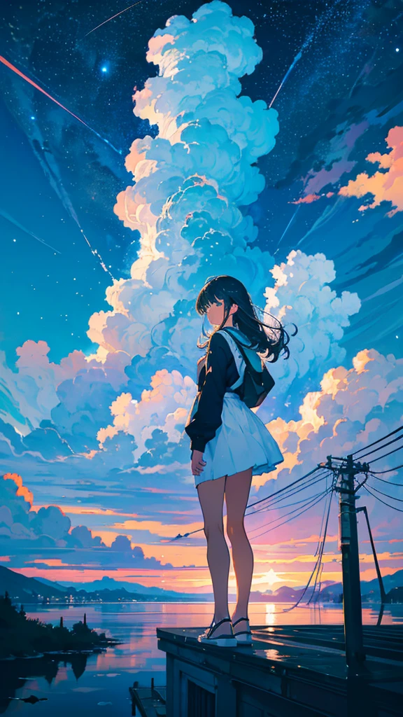 masterpiece, Exquisite detail,Highest quality, One girl, alone, handrail, cloud, Looking up at the buildings,Long Hair, zero, Long sleeve, Power lines, White footwear, Black Hair, Electric pole, bangs, cloudy zero, fish, bird, Green Eyes, Shorts, Day, Black Shirt, barefoot,Star,milky way,Meteors,Pitch black,Buildings,High quality anime art style，Standing painting，Splash ink background,Blue Themes,Clear Face,Distinct facial features,Fuji Mountain,Fuji Mountain,Vast Nature,Looking at me,View from behind,Shining Star々,milky way,Standing in water,Bright sky,Daytime