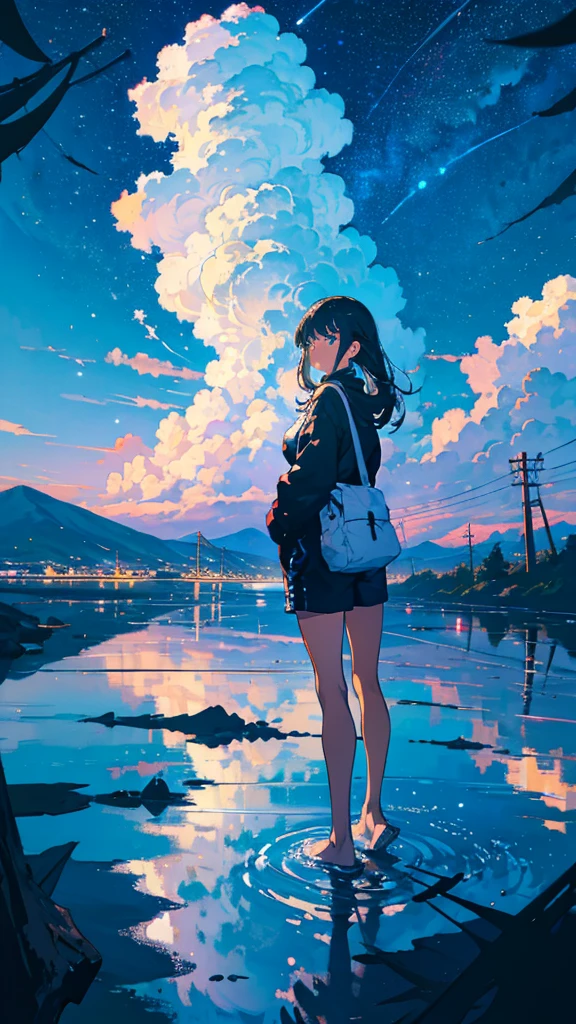 masterpiece, Exquisite detail,Highest quality, One girl, alone, handrail, cloud, Looking up at the buildings,Long Hair, zero, Long sleeve, Power lines, White footwear, Black Hair, Electric pole, bangs, cloudy zero, fish, bird, Green Eyes, Shorts, Day, Black Shirt, barefoot,Star,milky way,Meteors,Pitch black,Buildings,High quality anime art style，Standing painting，Splash ink background,Blue Themes,Clear Face,Distinct facial features,Fuji Mountain,Fuji Mountain,Vast Nature,Looking at me,View from behind,Shining Star々,milky way,Standing in water,Bright sky,Daytime