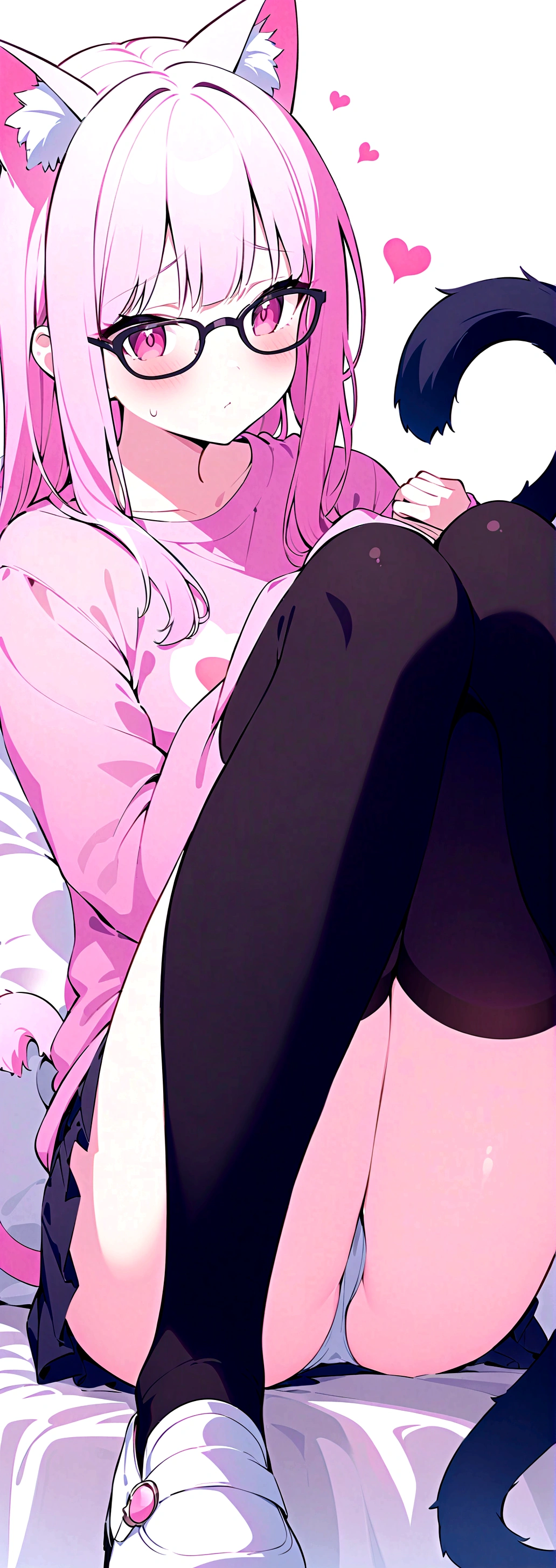 I have white pink hair, cat ears, A good, my face is super red, black glasses, pink heart eyes, a big pink sweatshirt, a black skirt, black stockings, White shoes, a cat tail, a woman. Very shy on his knees on his bed holding onto his tail