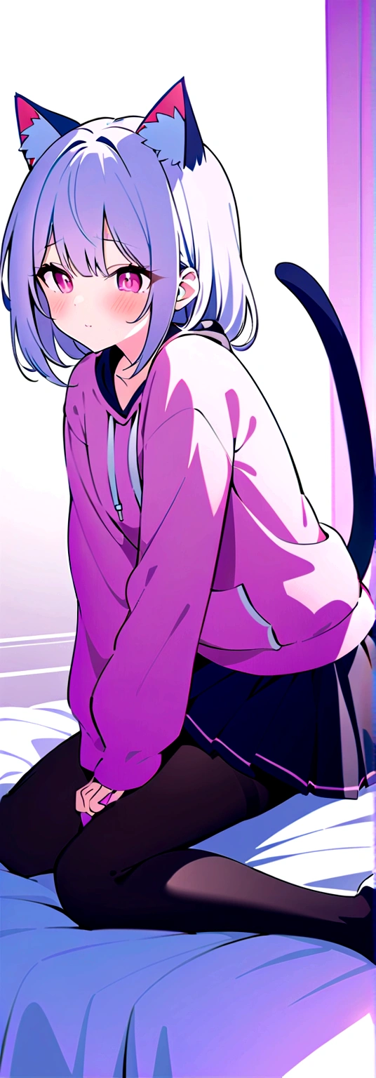 I have white pink hair, cat ears, A good, my face is super red, black glasses, pink heart eyes, a big pink sweatshirt, a black skirt, black stockings, White shoes, a cat tail, a woman. Very shy on his knees on his bed holding onto his tail