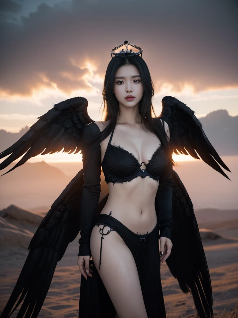 masterpiece, best quality, 1 woman, black hair, death angel, chaste, brown eyes, Crown, Angel Wings, black clothes, whole body, arms behind back, sky, halo, post apocalypse,