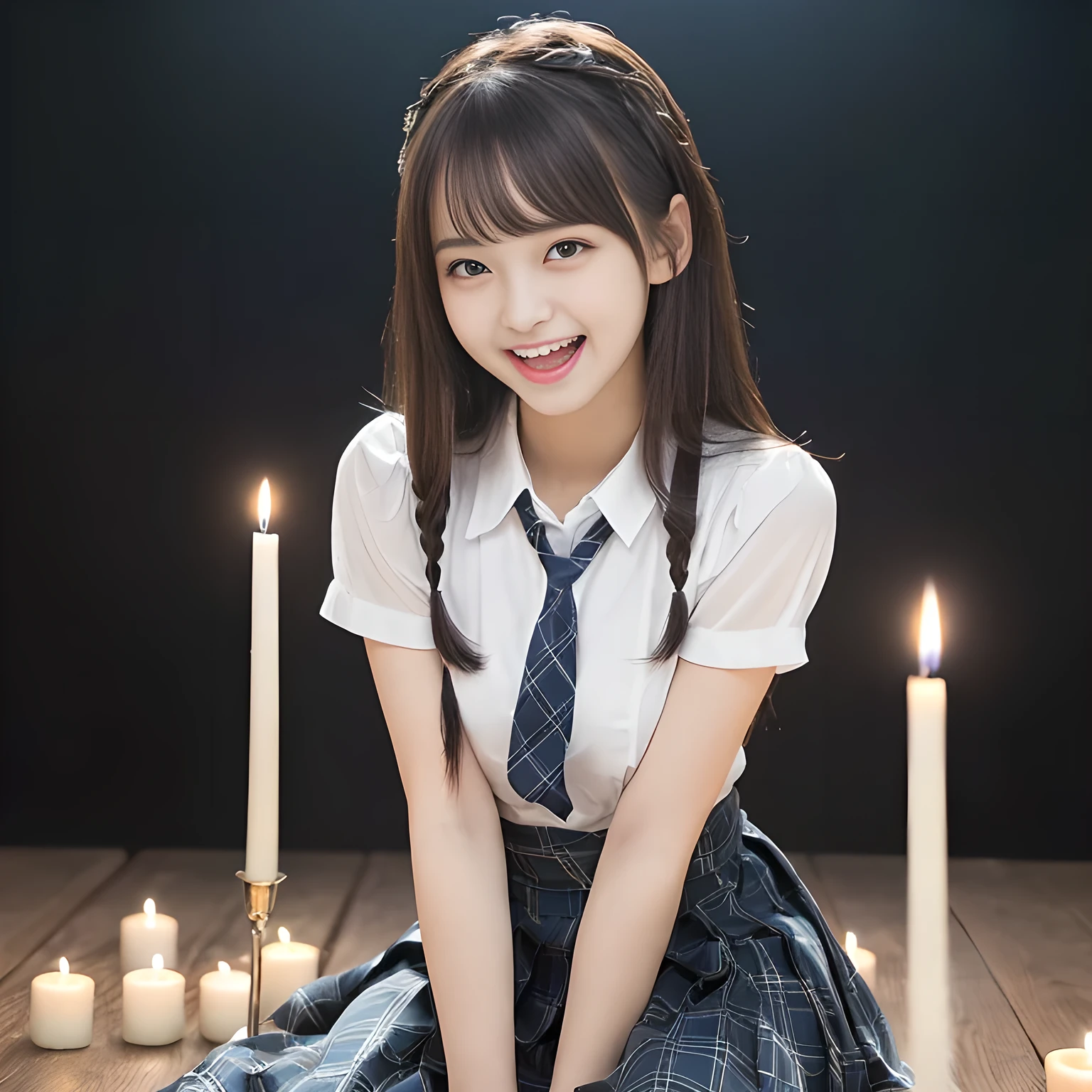(highest quality, masterpiece:1.2), highest quality, High resolution, 1080P, 8K, Height: 158cm, ((A noble and intelligent girl like Japanese cute girly lady is hypnotizing and giggling, A very sweet, very noble, pretty and neat Japanese beautiful cute girl. Realistic very girly sweet cute noble girl like a princess is seated in many evil candles)), ((Completely black room with candles)), ((((, popular Japanese cute fashion model)))), ((((Extremely pure white face and hands and legs)))), Glossy lips, (Evenly cut bangs), ((Very beautifully laughing brown drooping gooey cute neat noble eyes)), ((straight black very very long straight hair)), Very lustrous, glossy lips, Open hand over open mouth, Beautiful straight hair like a hair model, Watching the viewer and laughing, ((Incredibly well organized, The expression is rich. plump and beautiful white skin and face)), ((Pure and clear sweetly smiling eyes)), ((smiling at me)), Glossy Lips, ((noble and neat)), ((Like a succubus is fascinating with magic and giggling)), ((((A succubus is fascinating and calling to the deeper place forever)))), Extremely beautiful blue skirt, ((highly up-curved lips)), ((looking at the viewer directly)), white hands, ((Navy blue school uniform tartan checkered pleated long skirt, Blue string ribbon tie)), ((((An ecstatic face expression of boundless joy)))), ((black background))