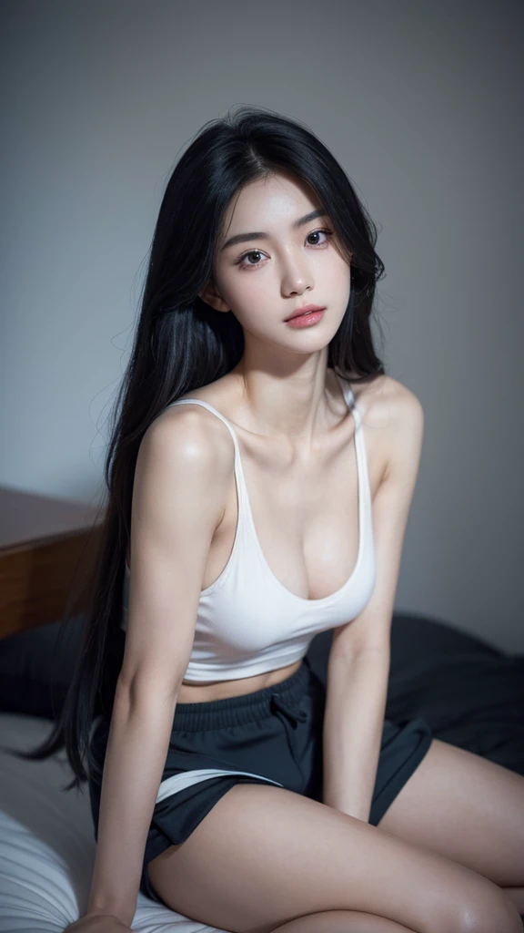 Quiet,Light makeup,Sexy,Peerless Beauty,Intellectual,clavicle,Neat long hair,Black Hair,Delicate face,Exquisite facial features,Natural expression,Natural eyes,sexy blue sports shorts