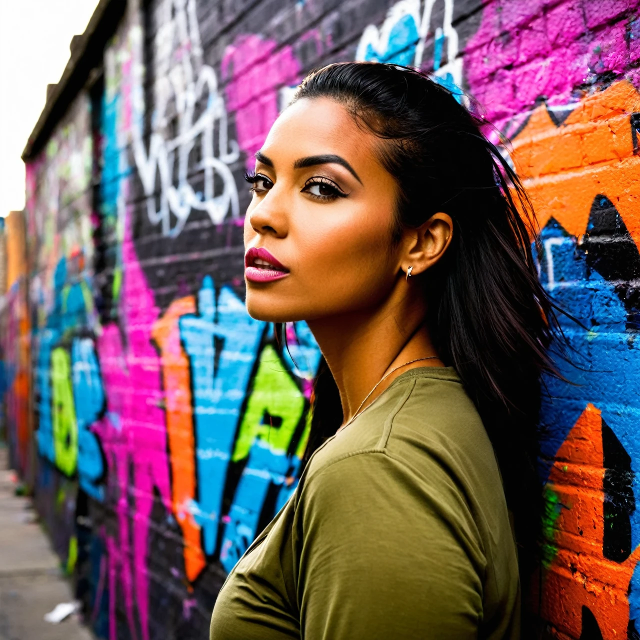 Prompt: Envision capturing a close-up shot of a vibrant, bold stunningly beautiful woman against the backdrop of graffiti-filled urban walls. This scene should reflect the raw energy and expressive nature of urban street art. Graffiti is all about making a statement - it's loud, colorful, and unapologetically honest. Your subject, the woman, should embody this spirit – her style, stance, and expressions revealing insights into her character. Use natural or urban lighting to bring out the vivid colors of the graffiti, casting dramatic shadows that highlight the texture and depth of the artwork behind her. Embrace the wide view of the graffiti-covered cityscape as an intriguing backdrop subtly suggesting her connection to street culture. But remember to keep her as your main focus. When framing your shot, ensure you leave ample space around her. This not only adheres to photographic rules of composition but also emphasizes her dominance within this vast canvas. Avoid cluttering your shot with too many elements, maintaining graffiti's raw and minimalist approach. Instead aim to capture an atmospheric portrait that weaves a story about the woman, her personality and her relationship with the urban environment surrounding her. Consider using equipment like Canon EOS 5D Mark IV & EF 24-70mm f/2.8L II USM for detailed capture and wide-angle possibilities. Remember, your goal goes beyond just snapping a photo - it's about crafting a narrative that reflects graffiti’s boldness and expressiveness.