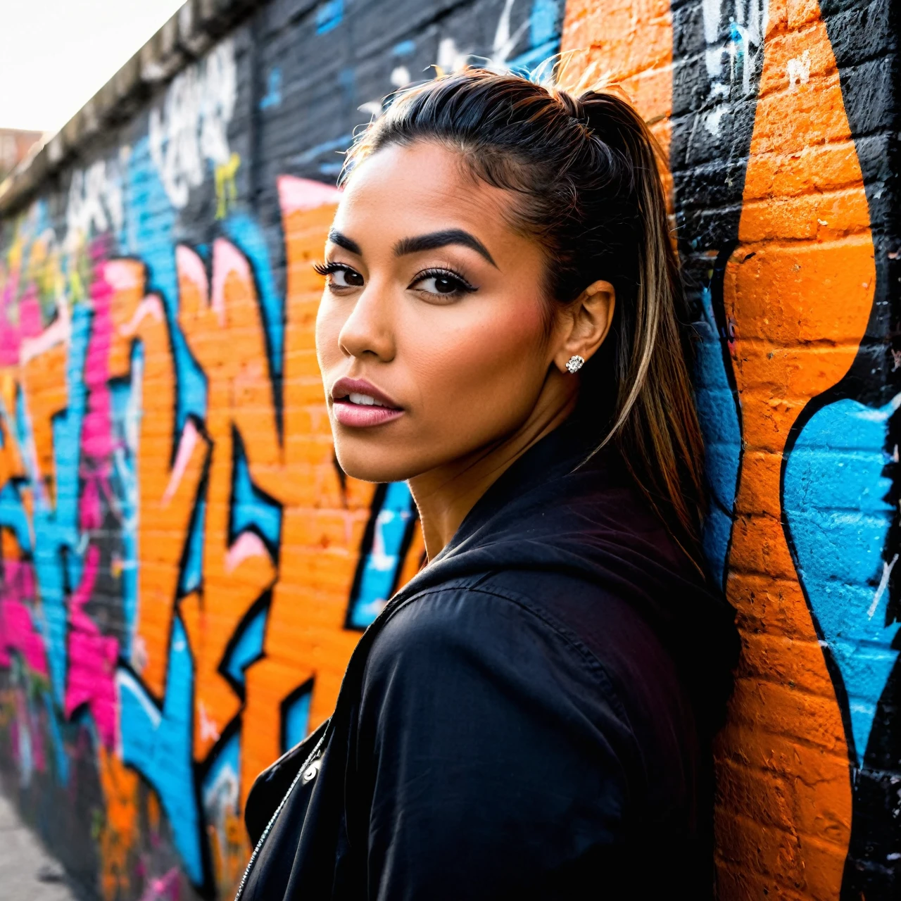 Prompt: Envision capturing a close-up shot of a vibrant, bold stunningly beautiful woman against the backdrop of graffiti-filled urban walls. This scene should reflect the raw energy and expressive nature of urban street art. Graffiti is all about making a statement - it's loud, colorful, and unapologetically honest. Your subject, the woman, should embody this spirit – her style, stance, and expressions revealing insights into her character. Use natural or urban lighting to bring out the vivid colors of the graffiti, casting dramatic shadows that highlight the texture and depth of the artwork behind her. Embrace the wide view of the graffiti-covered cityscape as an intriguing backdrop subtly suggesting her connection to street culture. But remember to keep her as your main focus. When framing your shot, ensure you leave ample space around her. This not only adheres to photographic rules of composition but also emphasizes her dominance within this vast canvas. Avoid cluttering your shot with too many elements, maintaining graffiti's raw and minimalist approach. Instead aim to capture an atmospheric portrait that weaves a story about the woman, her personality and her relationship with the urban environment surrounding her. Consider using equipment like Canon EOS 5D Mark IV & EF 24-70mm f/2.8L II USM for detailed capture and wide-angle possibilities. Remember, your goal goes beyond just snapping a photo - it's about crafting a narrative that reflects graffiti’s boldness and expressiveness.