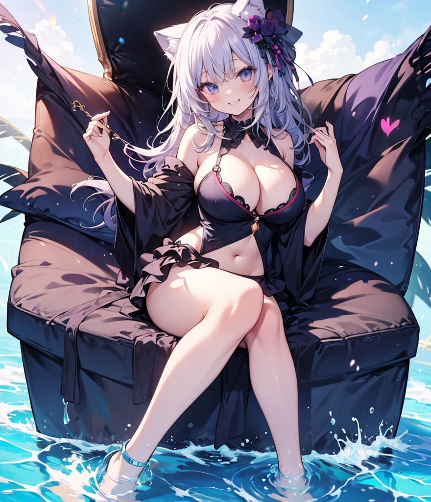 (masterpiece), (Top quality anime illustrations), Emphasize cleavage、Swimwear、Titty fuck、Show your legs、Showing off big breasts、Big Breasts、Beautiful breasts、Grinning smile、Beautiful whole body