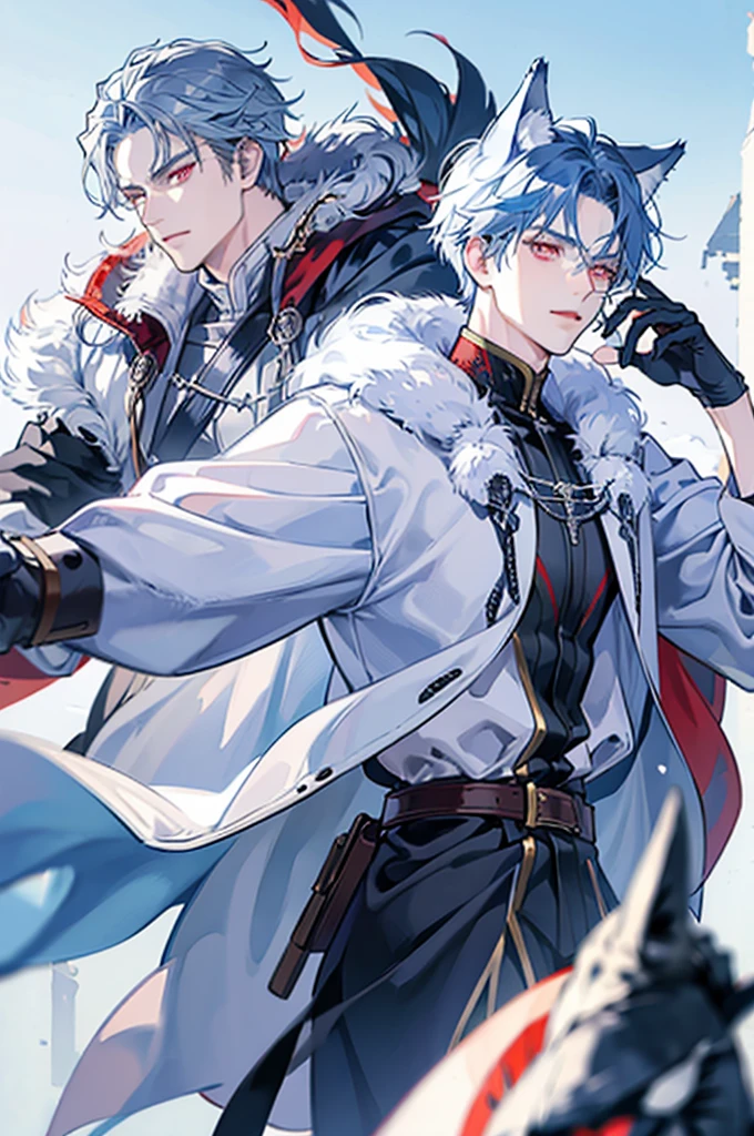 Tall man, wolf ears, Fur cape, armor, winter background, Buff, Stern look, light blue hair, red eyes, martial artist, armor