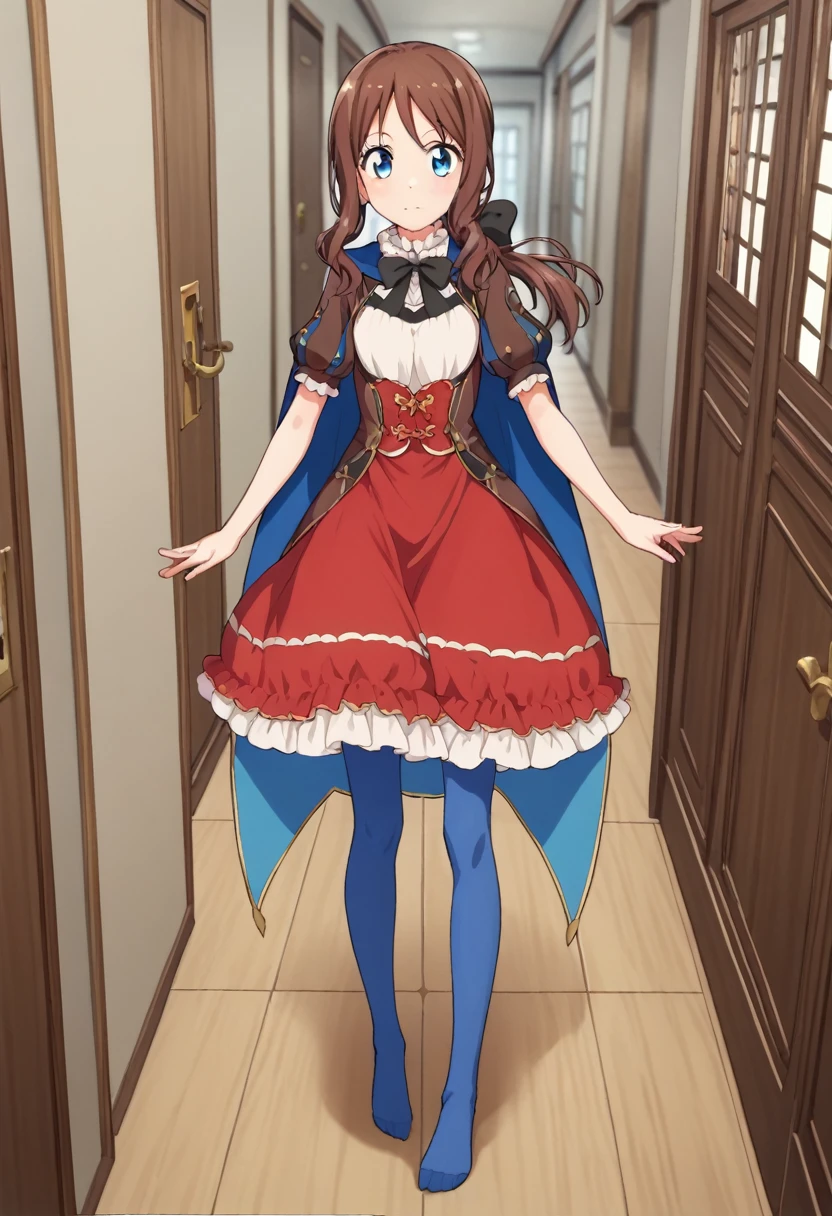 One girl, blue eyes, Long Hair, Brown Hair, Side Lock, Low Ponytail, ribbon, dress, White shirt, Puffy sleeves, Short sleeve, Red Skirt, Cape, Blue Pantyhose, Hallway with many doors,Ajar door,ドアから伸びる手Ajar doorから伸びる手に腕を掴まれる
