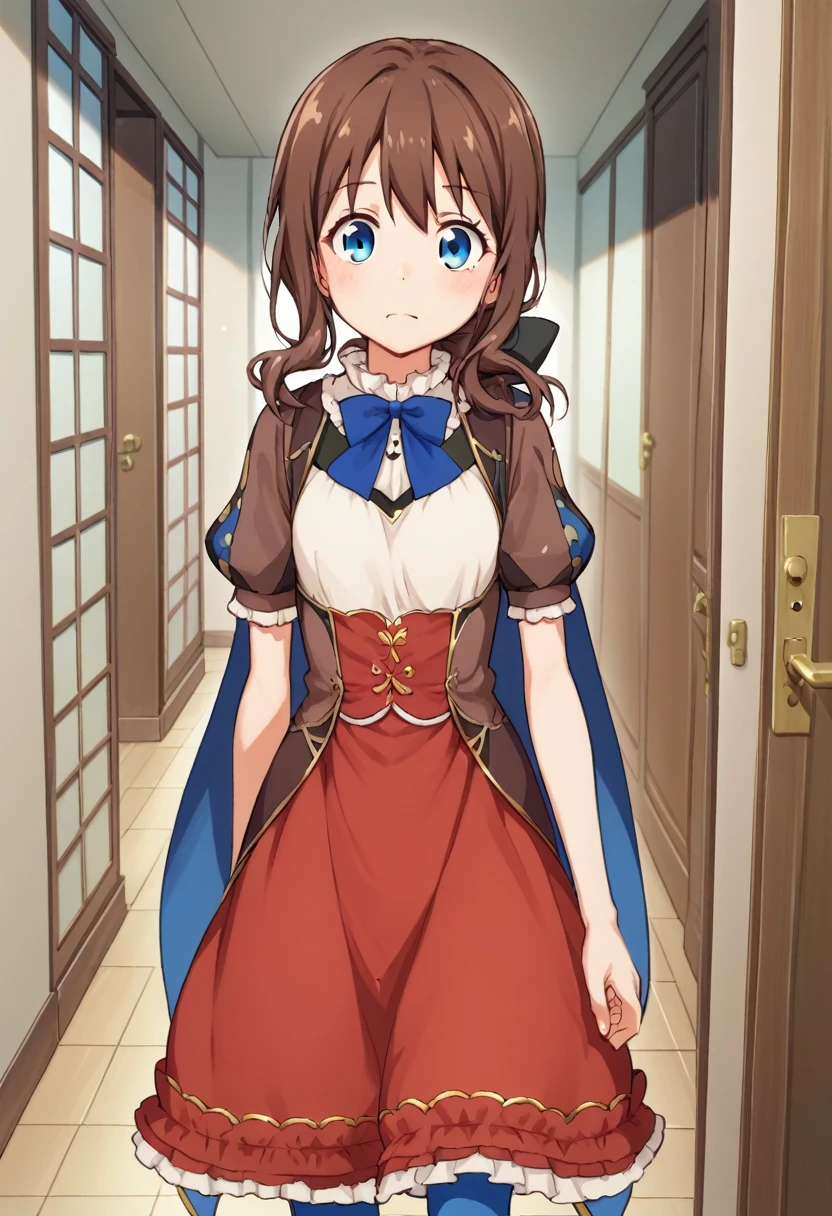 One girl, blue eyes, Long Hair, Brown Hair, Side Lock, Low Ponytail, ribbon, dress, White shirt, Puffy sleeves, Short sleeve, Red Skirt, Cape, Blue Pantyhose, Hallway with many doors,Ajar door,ドアから伸びる手Ajar doorから伸びる手に腕を掴まれる