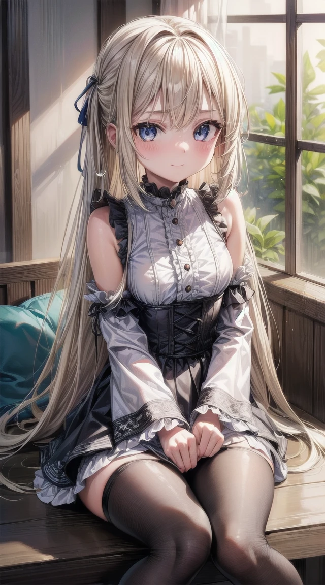 1girl,blonde hair
BREAK (( , long_hair, 1girl, smile, solo, green_eyes, detached_sleeves, looking_at_viewer, breasts, long_sleeves, very_long_hair, bangs, indoors, hand_up, bare_shoulders, dress, hair_between_eyes, closed_mouth, eyebrows_visible_through_hair, blush, sitting, medium_breasts, white ิ_dress, small_breasts, buttons :1))
BREAK ((li:1.7))
BREAK indoors,
BREAK looking at viewer, 
BREAK (masterpiece:1.2), best quality, high resolution, unity 8k wallpaper, (illustration:0.8), (beautiful detailed eyes:1.6), extremely detailed face, perfect lighting, extremely detailed CG, (perfect hands, perfect anatomy),