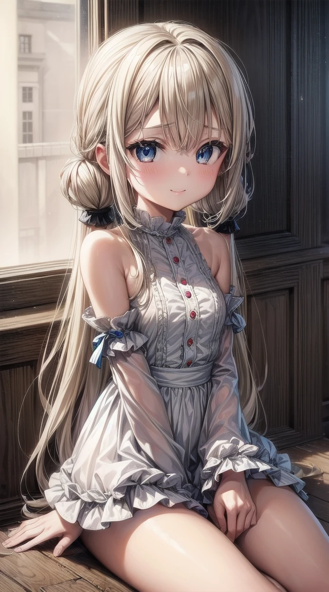 1girl,blonde hair
BREAK (( , long_hair, 1girl, smile, solo, green_eyes, detached_sleeves, looking_at_viewer, breasts, long_sleeves, very_long_hair, bangs, indoors, hand_up, bare_shoulders, dress, hair_between_eyes, closed_mouth, eyebrows_visible_through_hair, blush, sitting, medium_breasts, white ิ_dress, small_breasts, buttons :1))
BREAK ((loli:1.7))
BREAK indoors,
BREAK looking at viewer,
BREAK (masterpiece:1.2), best quality, high resolution, unity 8k wallpaper, (illustration:0.8), (beautiful detailed eyes:1.6), extremely detailed face, perfect lighting, extremely detailed CG, (perfect hands, perfect anatomy),